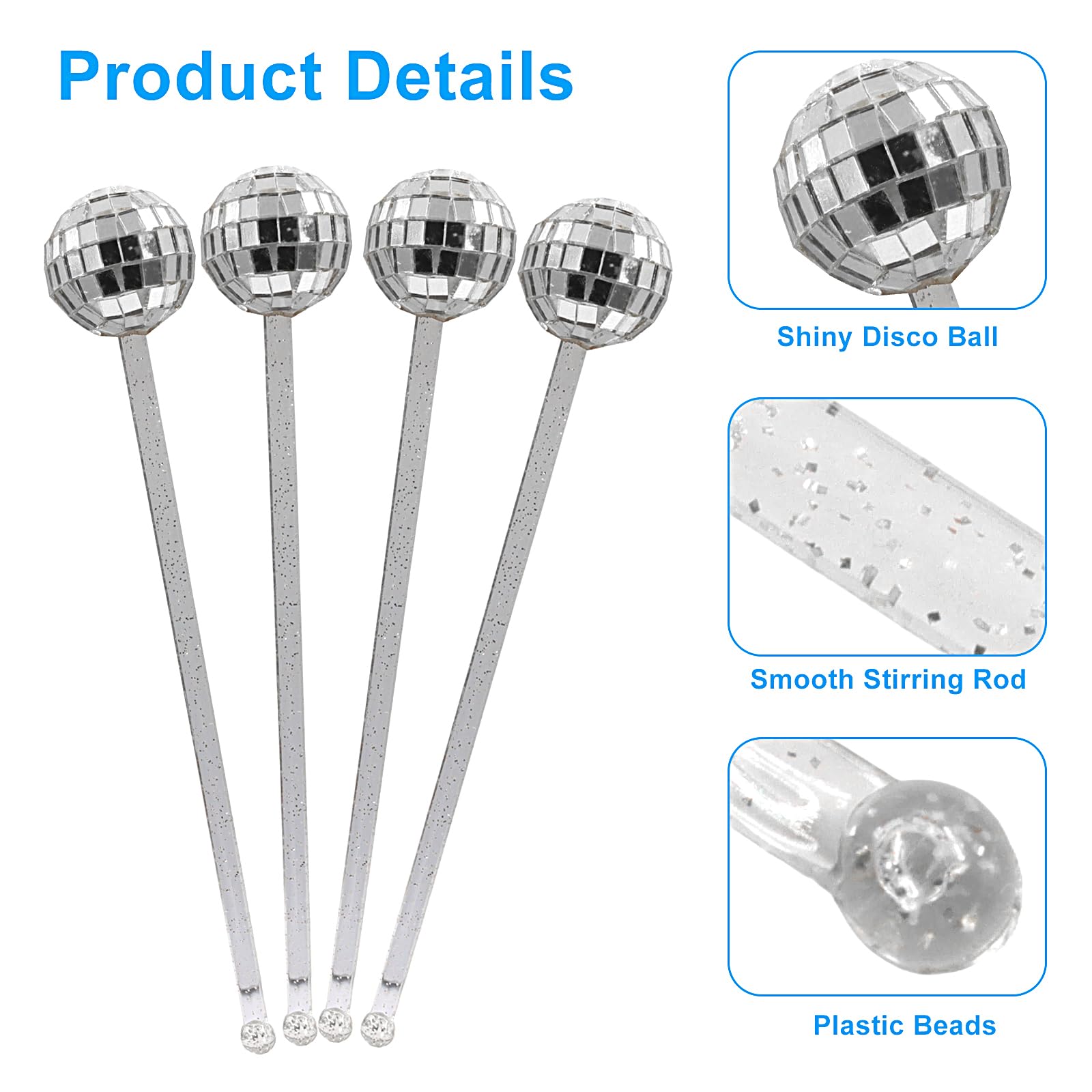 Set di 10 mescolatori per bevande, palline da discoteca, cocktail, bastoncini glitterati, per feste di addio al nubilato, matrimoni, bar (argento)