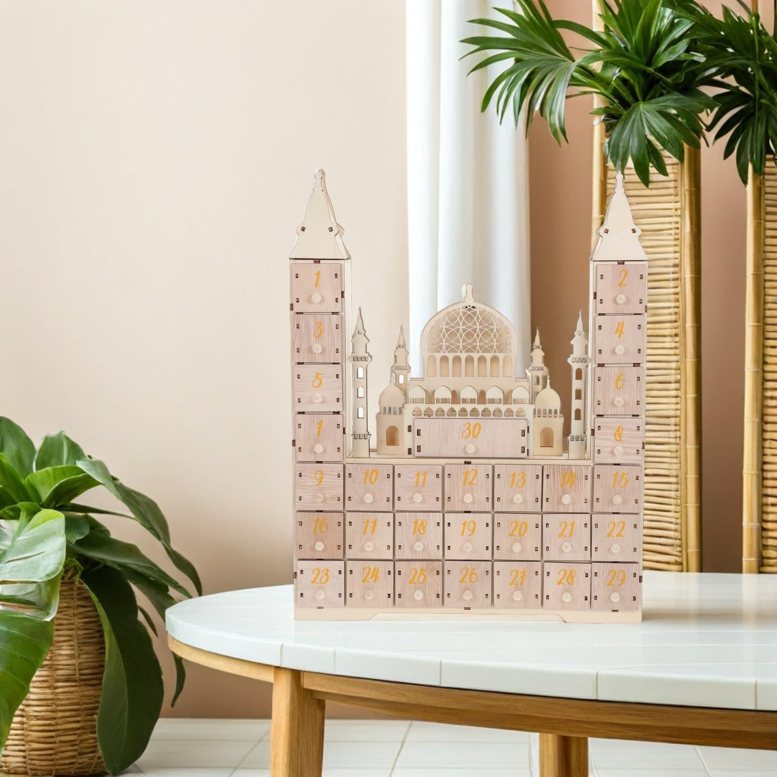 TEHAUX Calendario Design Compatto e Freestanding Conto alla Rovescia Ramadan in Legno con Cassetti e FESTIVITÀ Eid Decorazione da Tavolo per Famiglie Musulmane