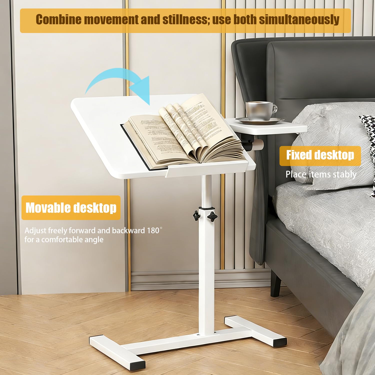 Tavolino Servitore Letto,Tavolo Per Letto Regolabile Con Ruote Nascoste, 60x40 Cm, Adatto Per Scrivania, Divano o Letto, Supporto Per Laptop Con Altezza e Angolo Regolabili, Bianco