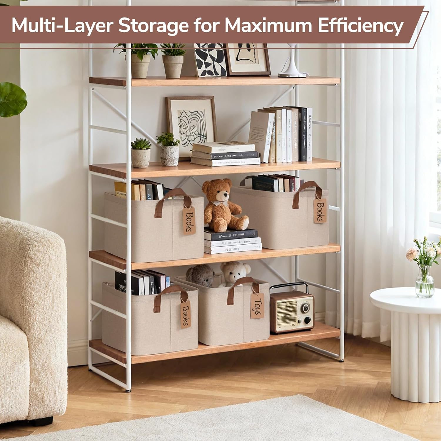 CHICVITA 4 Pack Storage Baskets for Shelves, Foldable Closet Organizer Bins with Handles, Toy Storage Basket for Nursery Living Room, 14.8" x 10.3" x 8.3", Brown