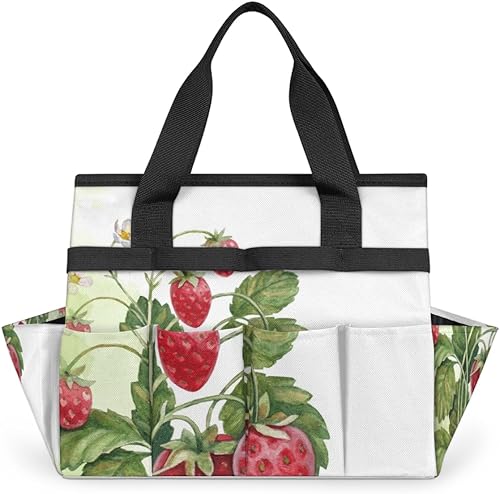 Watercolor Strawberry Pattern Garden Tool Tote Bag for Women Men Gardening Tool Storage Bags with 10 Pockets Standable Garden Home Tool Kits