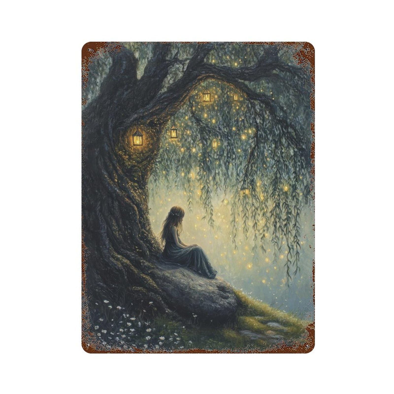 Fairy Beneath Willow Tree Cottagecore Decor Dark Academia Enchanted Illustration Vintage Woodland Rustic Aesthetic Wall Decor Art Metal Tin Poster Modern Home Decor Art Home Bar Shop Decorations Vint