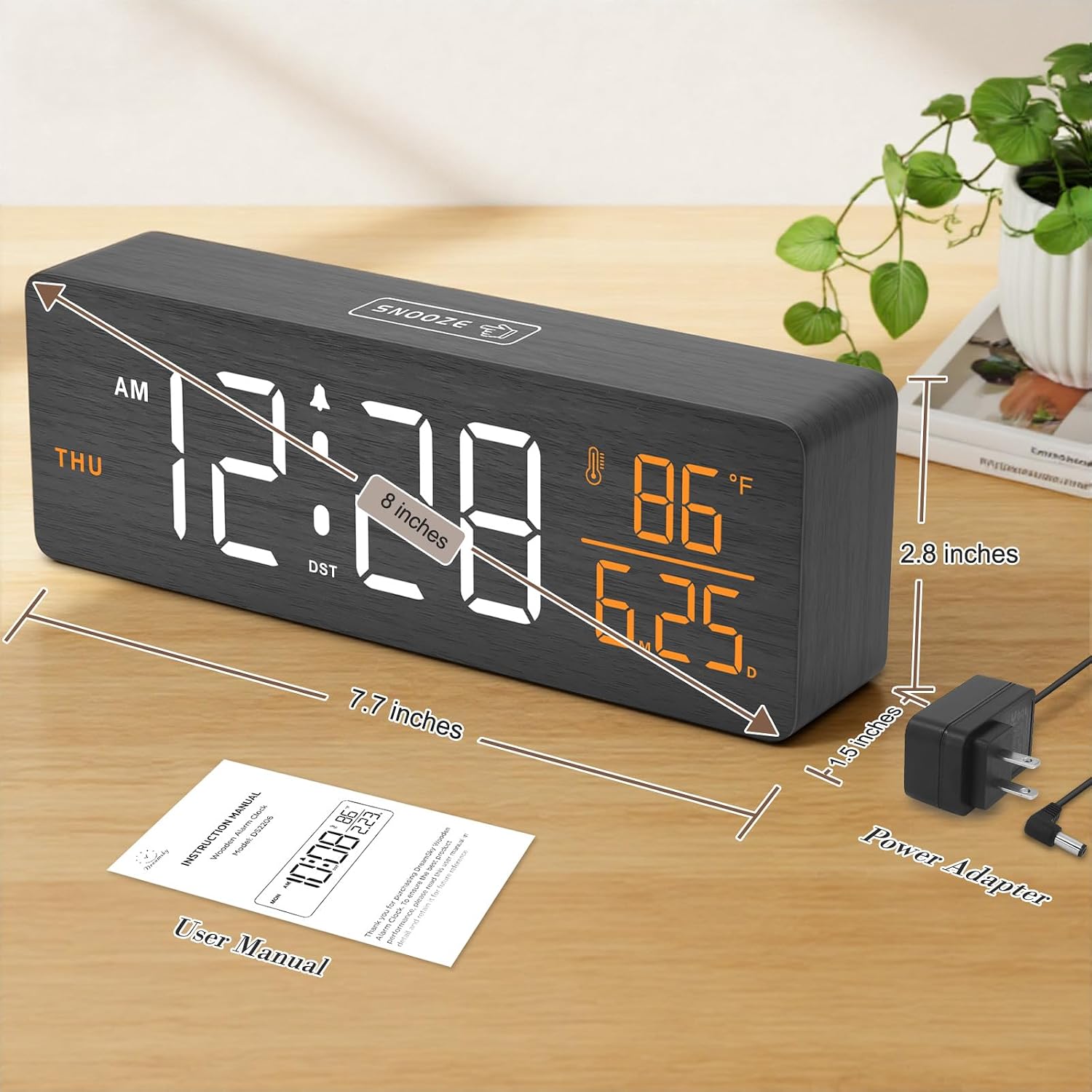 DreamSky Wooden Digital Alarm Clocks for Bedrooms – Large Display Desk Clock with Date & Day of Week for Living Room, Temperature, Dimmer, Adjustable Volume, Auto DST, Office Wood Décor (Plug-in)