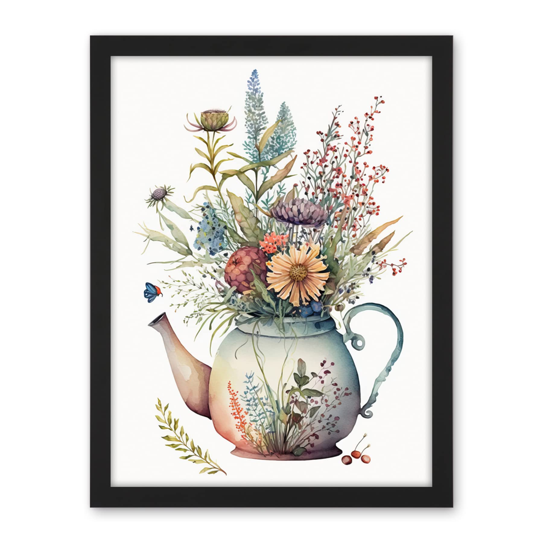 Artery8 Wildflower Floral Bouquet in China Pattern Teapot Artwork Framed Wall Art Print 18X24 Inch