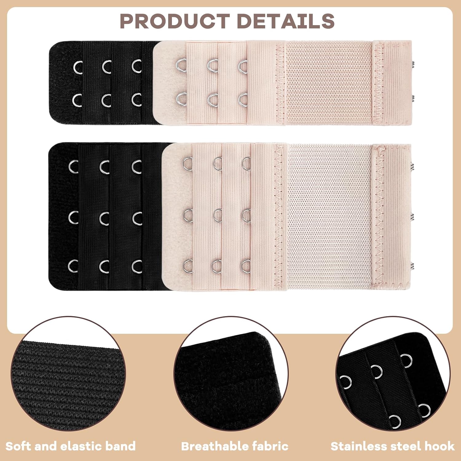 4 PCS Bra Extenders, 2 Hooks/3 Hooks Bra Back Strap Extenders, Stretchy Bra Extension Strap for Women