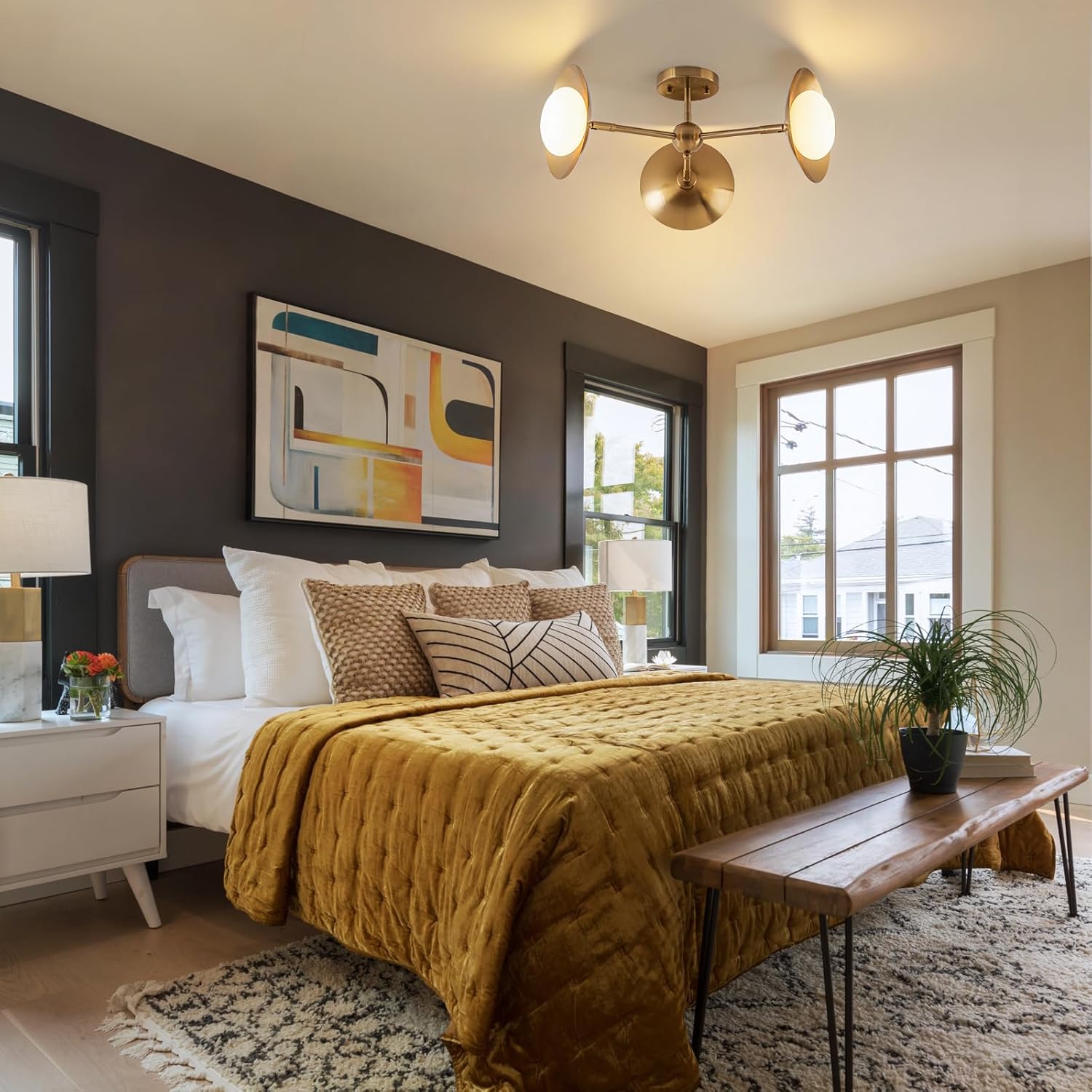 3-Light Flying Saucer Semi-Flush Mount Ceiling Light, Mid-Century Milk White Glass Globes Chandelier for Dining Room Living Room, 20.5" Wide, Brushed Brass Gold