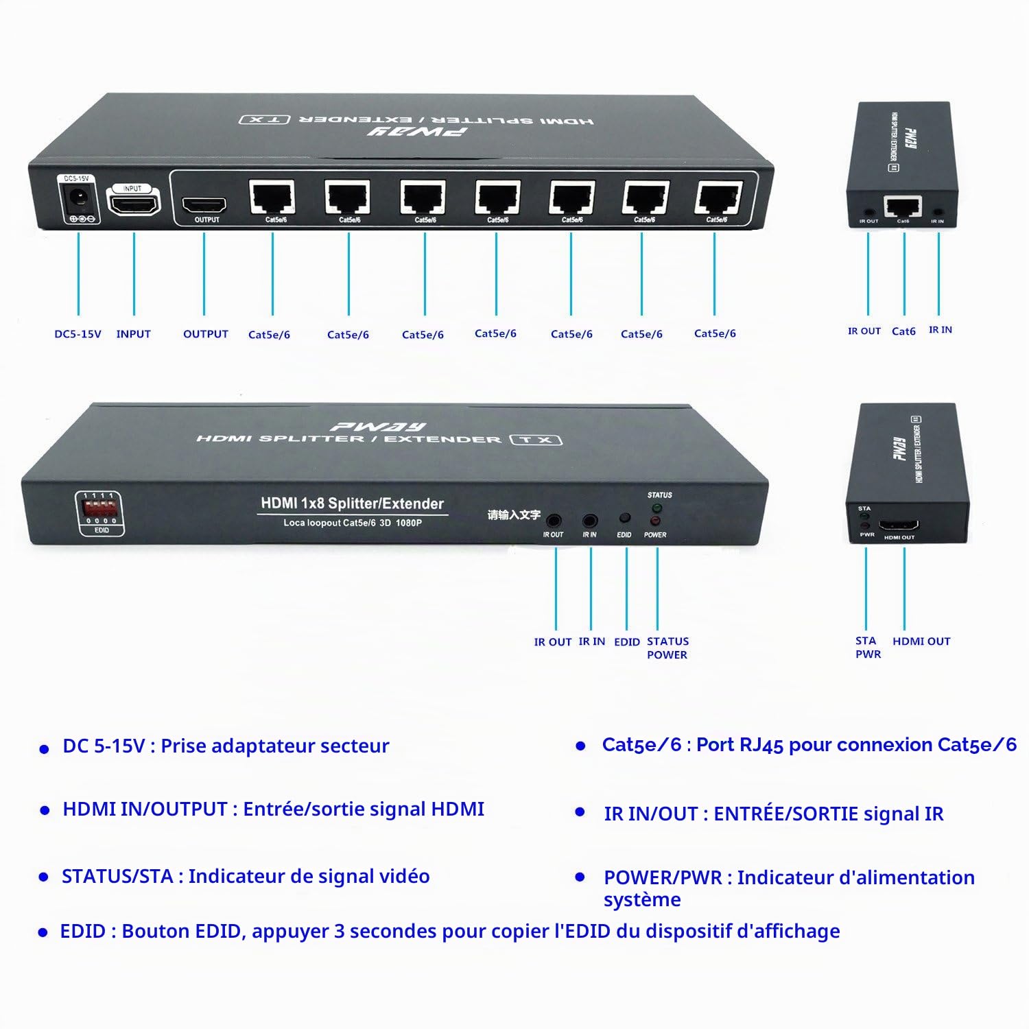 PW-HTS0107IR(POC) 1X7 HDMI Extender Splitter Ultra HD 1080P sur câble Support EDID Jusqu'à 60m/196ft Cat6 Télécommande IR(20~60Hz) Pass（1 in 7 Out）