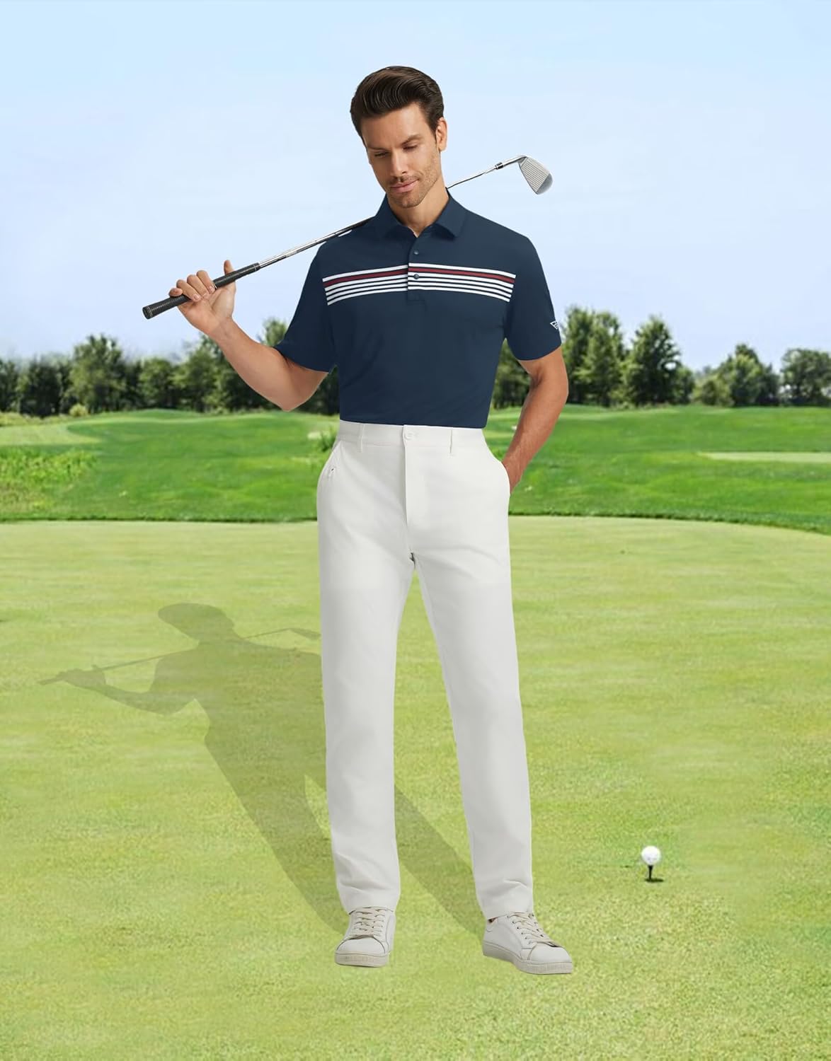 M MAELREG Mens Golf Shirts Short Sleeve Chest Print Stripe Moisture Wicking Dry Fit Casual Collared Mens Polo Shirts - Image 2