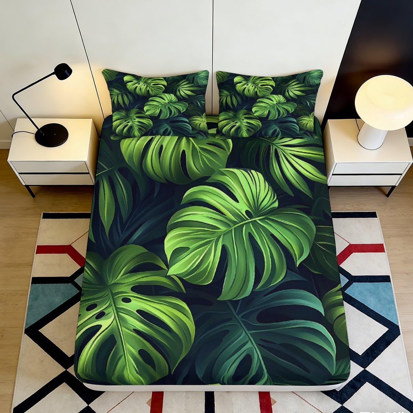 3D Printed Monstera Leaf Fitted Sheet Microfiber Anti-Slip Tropical Rainforest Bed Cover Bedroom Decor Machine Washable 90x200x25cm