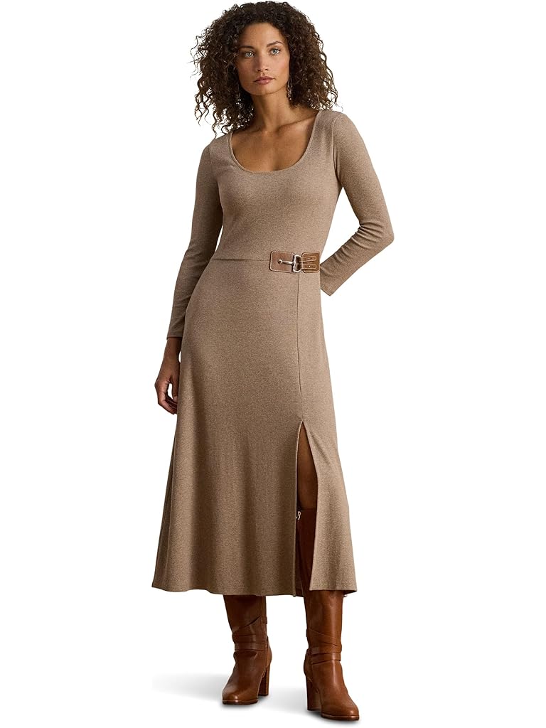 Brown Lauren Ralph Lauren Buckle-Trim Rib-Knit Midi Dress