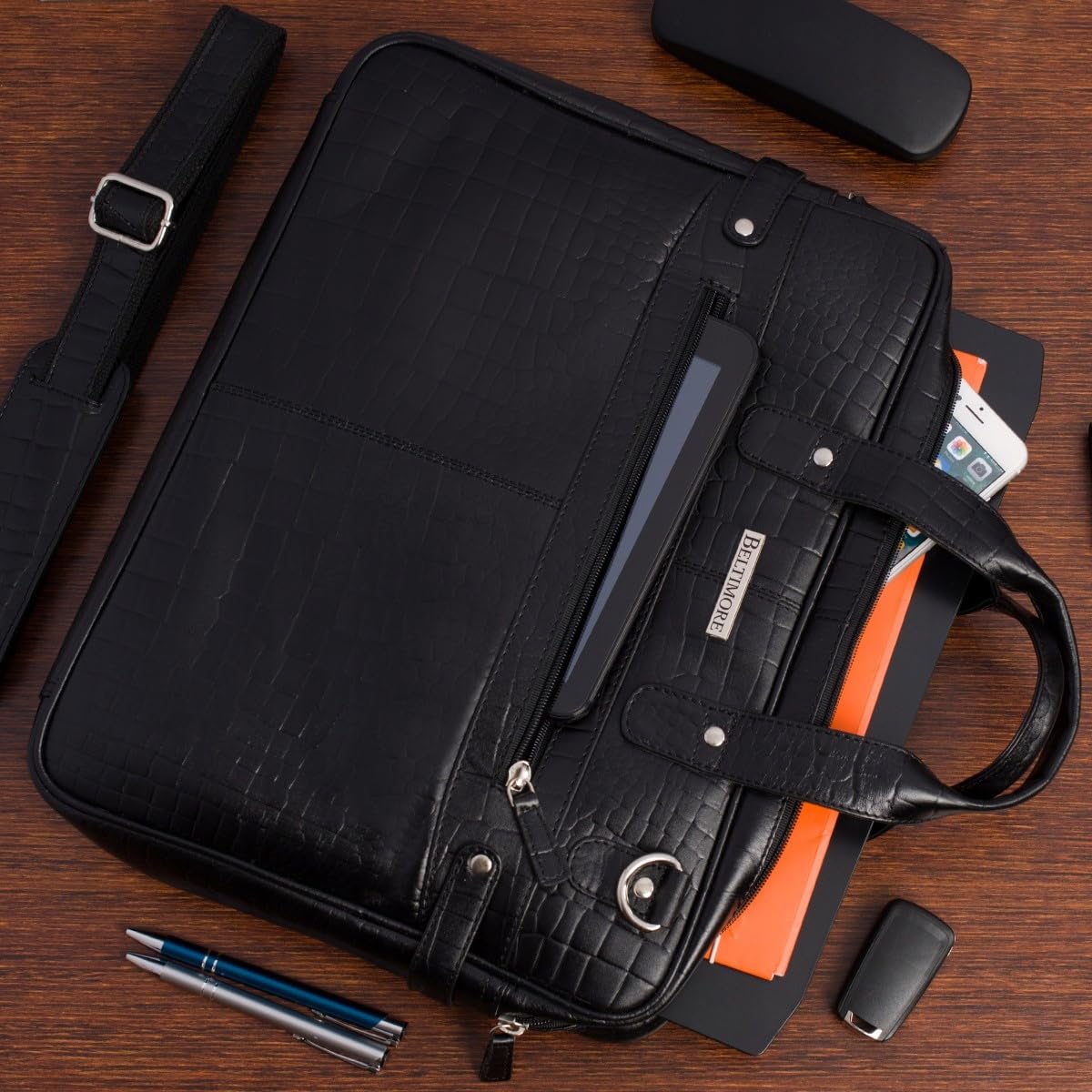 Aktentasche aus Leder Kroko für Laptop 15" 6 schwarz A4
