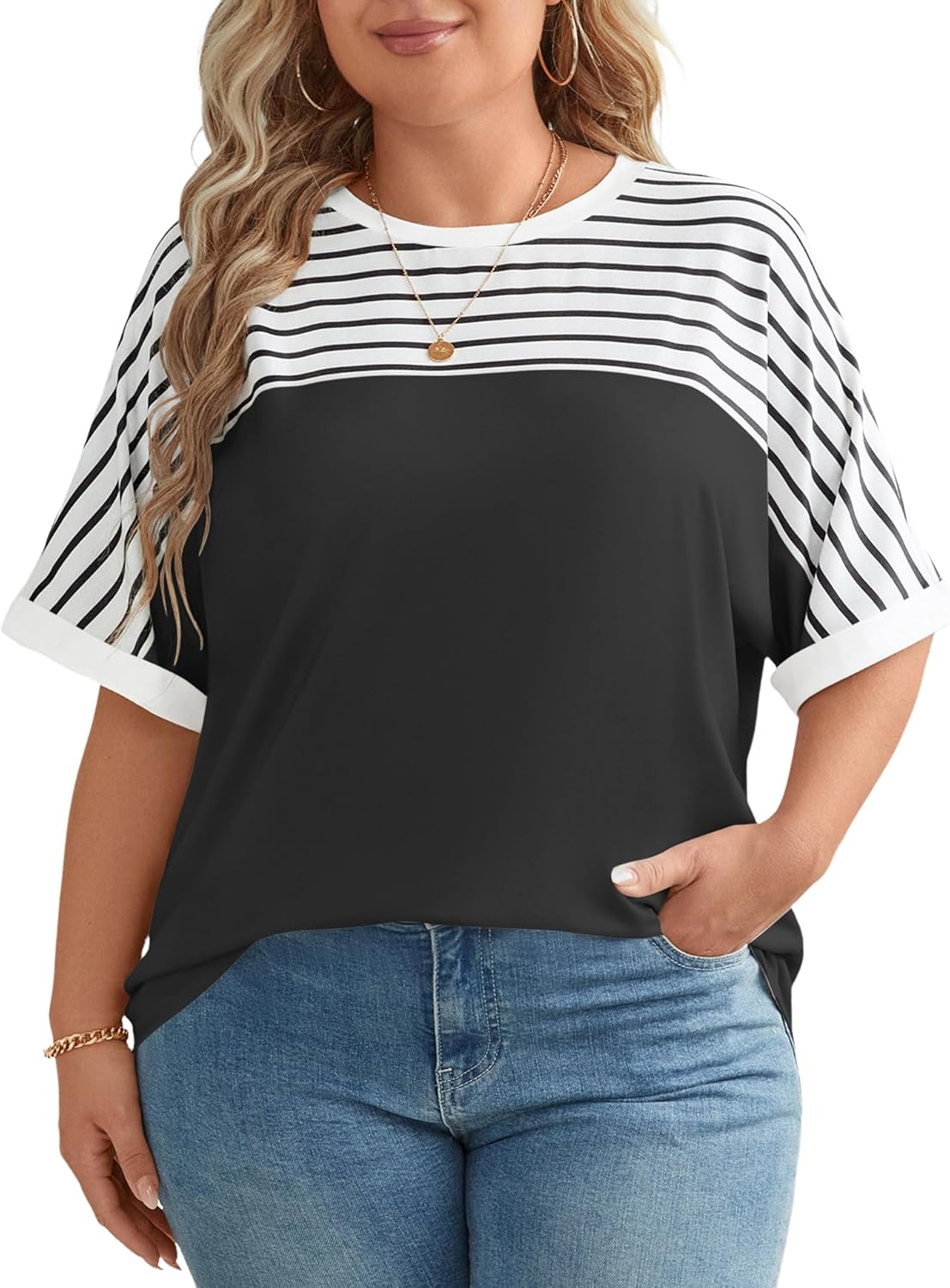 LUYAA Womens Plus Size Tops Short Sleeve Shirts V Neck Tunic Striped Blouses Black XL-5X - Image 3