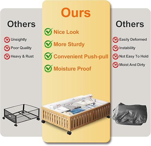 Miniatura 8 de Contenedores de almacenamiento de bambú debajo de la cama, almacenamiento debajo de la cama con ruedas y bolsa de polvo de gran capacidad de 90 L,