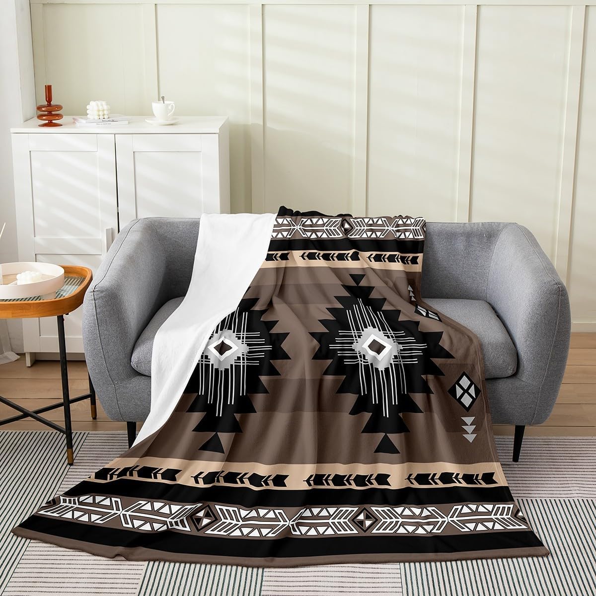 jejeloiu Boho Plush Throw Blanket, Queen 90"x90" Southwestern Native Aztec Flannel Fleece Blanket Indian Tribal All Season,Bed Blanket Retro Exotic Boho Blanket Dark Grey