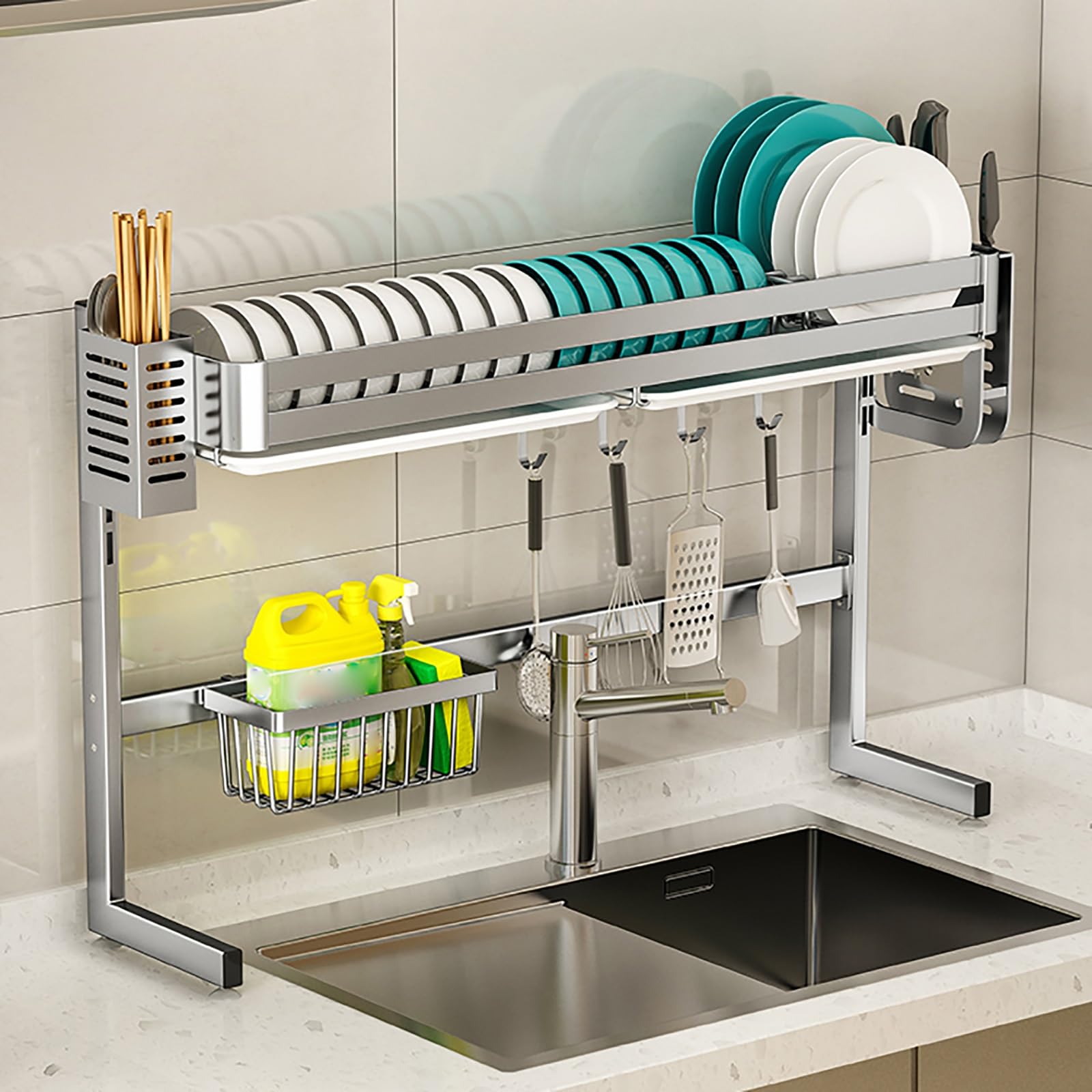 CAFIEDR Over Sink Dish Drying Rack - 304 Stainless Steel Kitchen Organizer, Efficient Drainage, Space-Saving Storage For Dishes * Cutlery, 25.2In Countertop Solution.90cm/35.4in