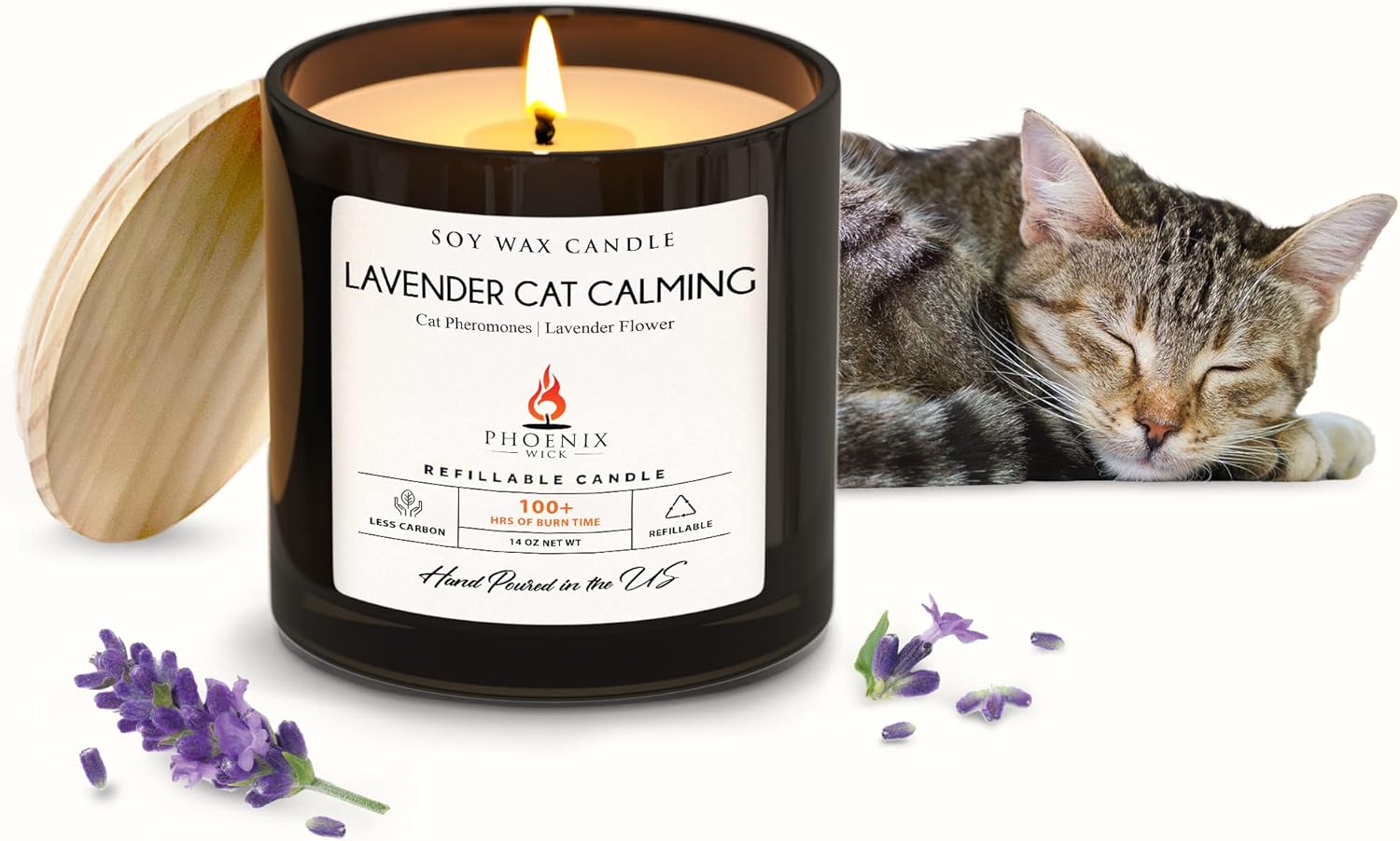 Phoenix Wick Scented Candle - Luxury 14oz Translucent Black Glass Candle Jar - Burns for 100 Hours - Refillable Forever (Lavender Cat Calming)