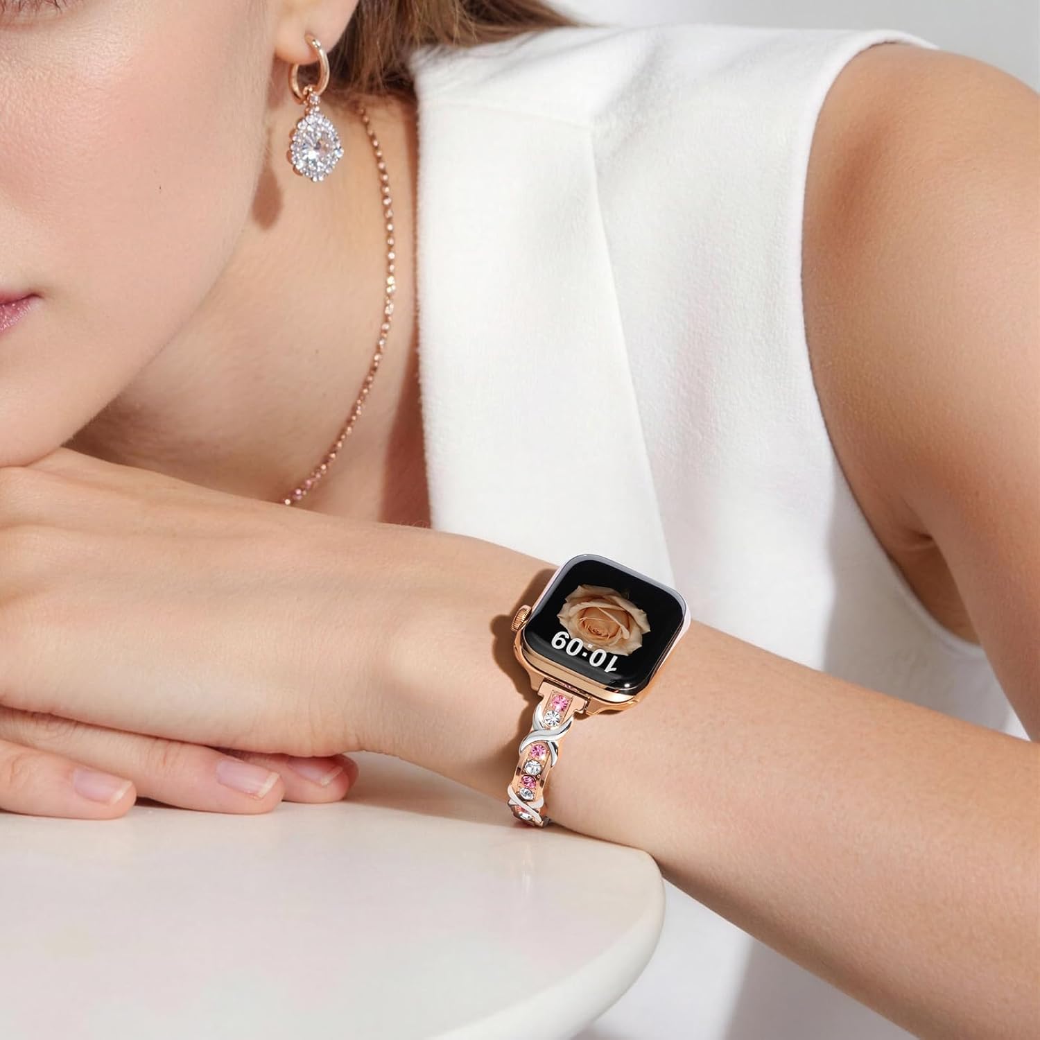 Nereides Brilliantly Colorful Band Compatible with Apple Watch Straps 42mm 41mm 40mm 38mm, Bling Diamond Bracelet Band for iWatch Series 11/10/9/8/7/6/5/4/SE/SE2/SE3/3/2/1 (Rose Gold)