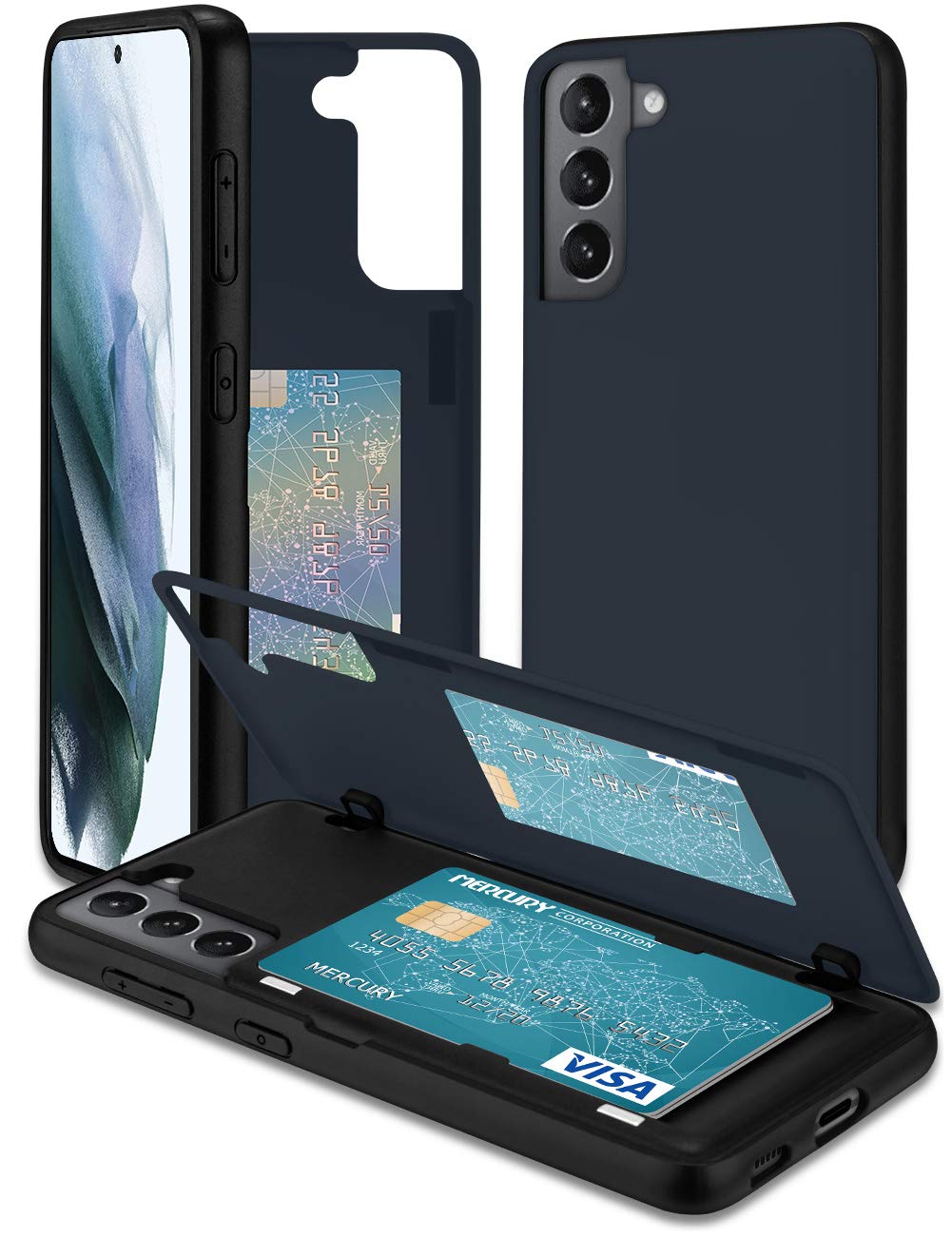 Goospery for Galaxy S21 6.2"(2021) Card Holder Wallet Case, Easy Magnetic Door Closure Protective Dual Layer Bumper Sturdy Phone Back Cover with Hidden Mirror (Midnight Blue) S21-MDB-NVY