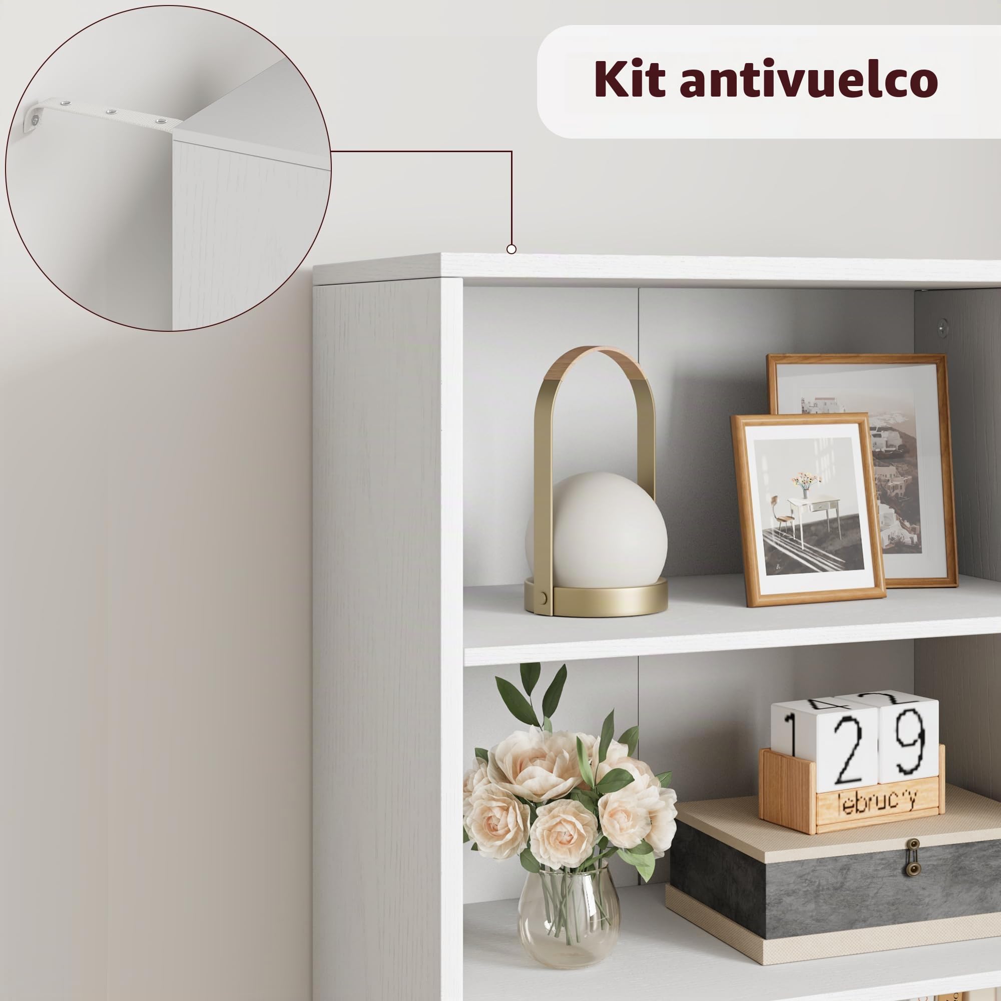 Librería blanca de 6 niveles, estantería con puertas, 30 cm de profundidad, abierta, con kit de protección antivuelco, para dormitorio, salón, oficina, 60 x 30 x 181 cm