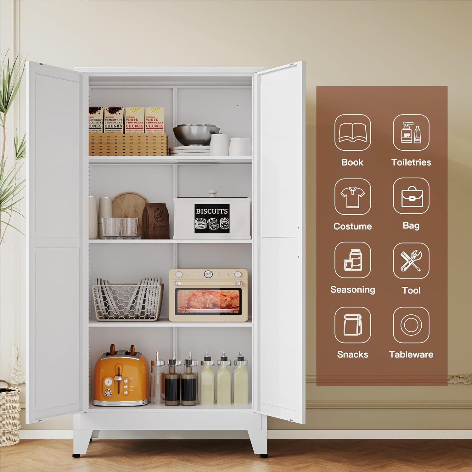 YAUWOH 61-inch Metal Storage Cabinet with various items stored inside