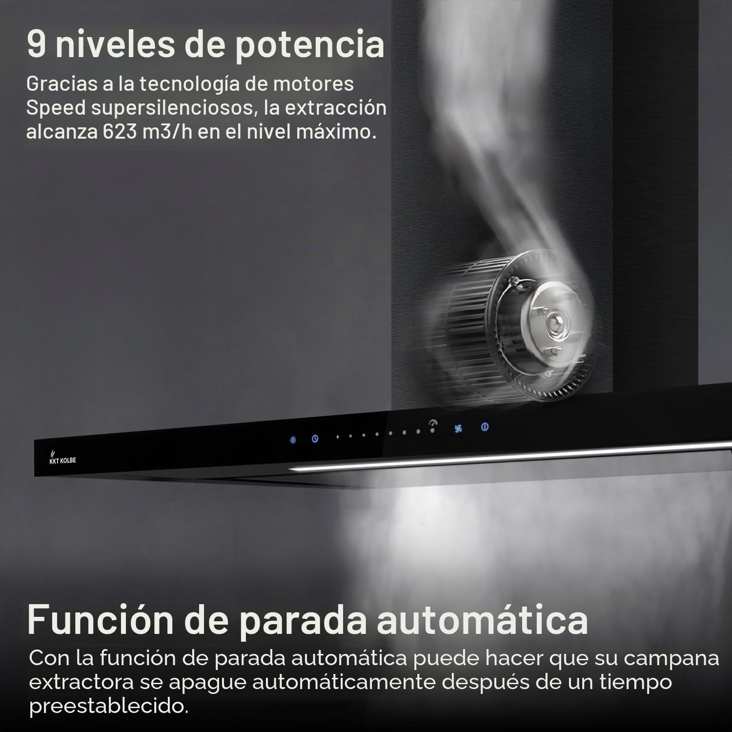 KKT KOLBE Campana Extractora 90 cm | Campana de Pared | acero inoxidable | vidrio negro | WiFi | apagado automático | Funcionamiento táctil | FLAT9006S | aire de escape y circulación, acero inoxidable y vidrio negro, control táctil sensor, wifi, marcha tr