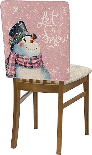 Miniatura 7 de AMZRicher Paquete de 8 fundas de respaldo de silla de Navidad con diseño de muñeco de nieve rosa para sillas de comedor, fundas extraíbles lavables