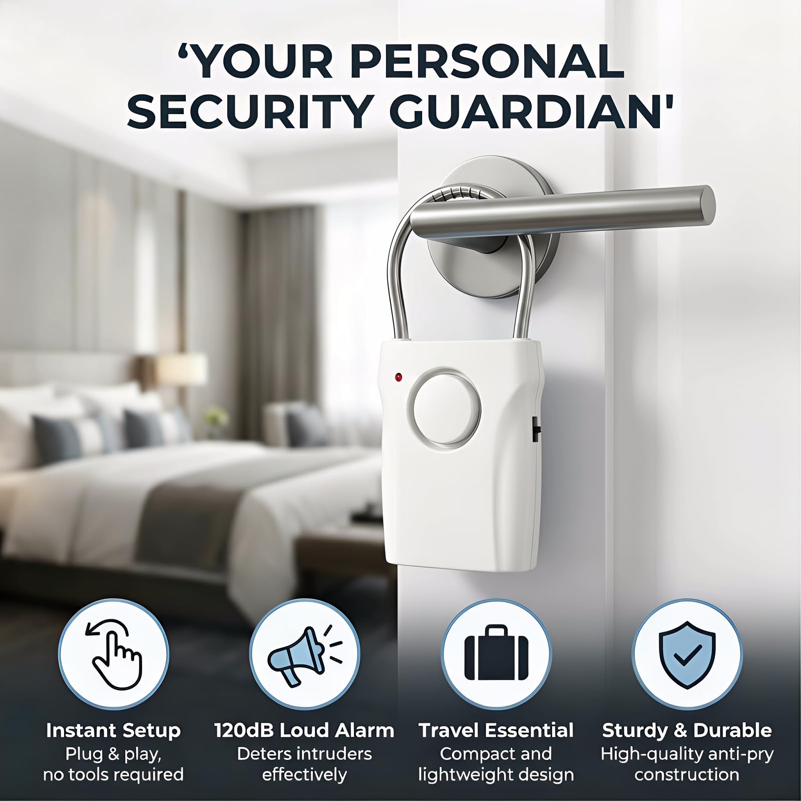 Confezione da 4 allarmi portatili per maniglia della porta, allarme di sicurezza a vibrazione da 120 dB con 3 livelli di sensibilità regolabili, allarme antifurto per la sicurezza di viaggi, hotel