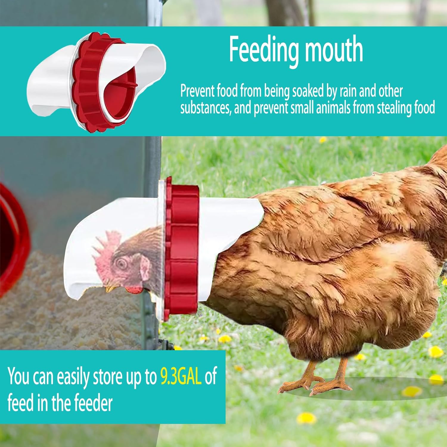 XINYI 9.3 Gallon Automatic Chicken Feeder, 6 Ports Gallon Chick Feeder No Waste with Adjustable Legs, Rodent Proof & Weatherproof Metal Raised Poultry Feeder