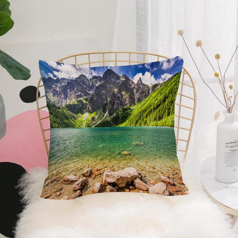 HYMSXW Cushion Cover,Throw Pillow Case Home Decorative for Living Room Bedroom Sofa Chair 20X20 Inch,Mountain, Tatra Lake and Mountains Poland Forest at Sunrise Rocky Shore,Pillowcase 50X50cm