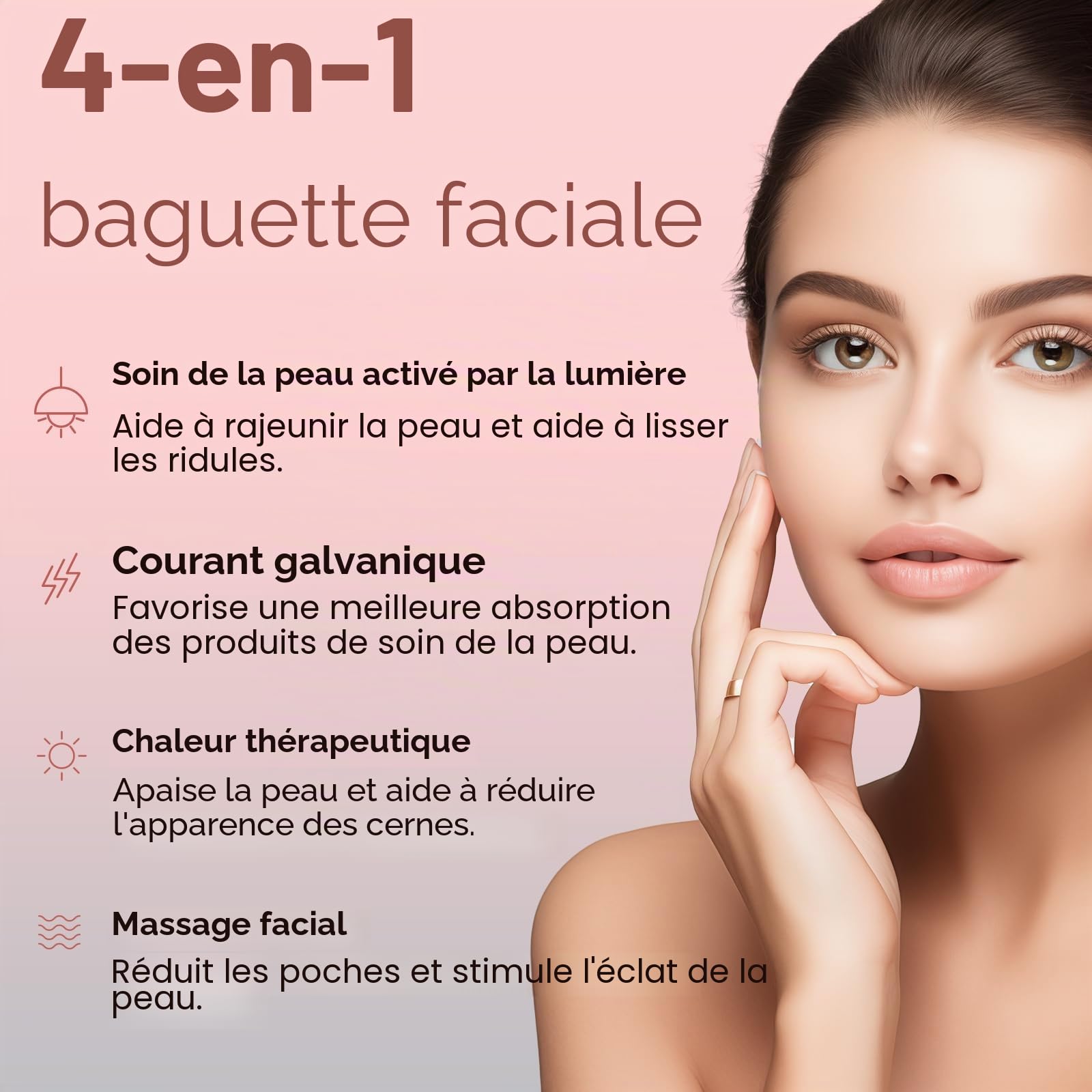 Baguette de luminothérapie 4 en 1, thérapie par lumière rouge pour le visage et le cou – Appareil de massage facial à micro-courant pour anti-âge – Masseur de visage et de soins de la peau