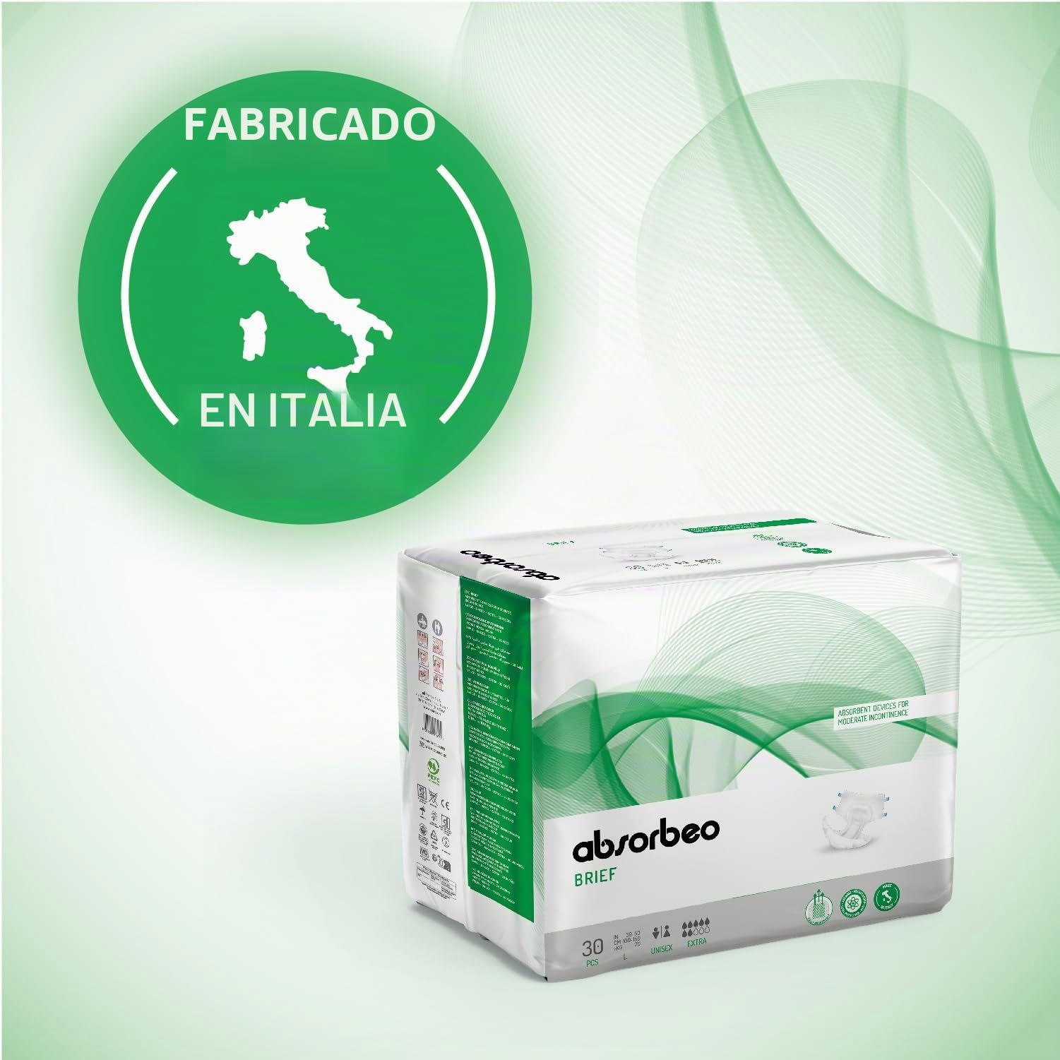 Absorbeo Pañal Pantalón Extra, Dispositivos Absorbentes para Incontinencia Moderada, Comodidad Absoluta, Protección Total, Sistema Antiodor, Totalmente Transpirables, Unisex, Talla L, 30 Piezas