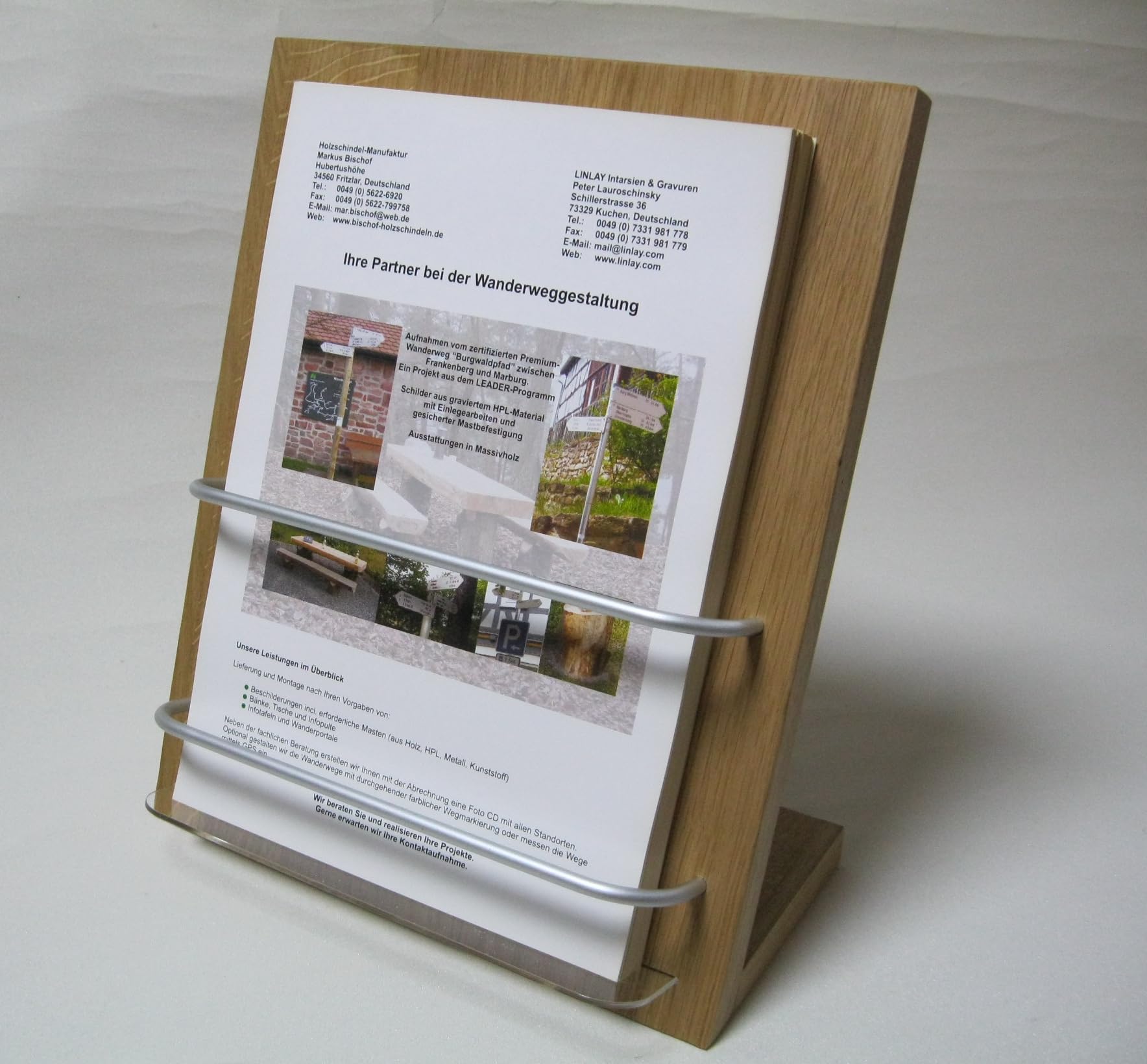 LINLAY Intarsien & Gravuren DIN A4 Flyerhalter robust Holz Alu Acryl Prospektständer Flyerständer Prospekthalter