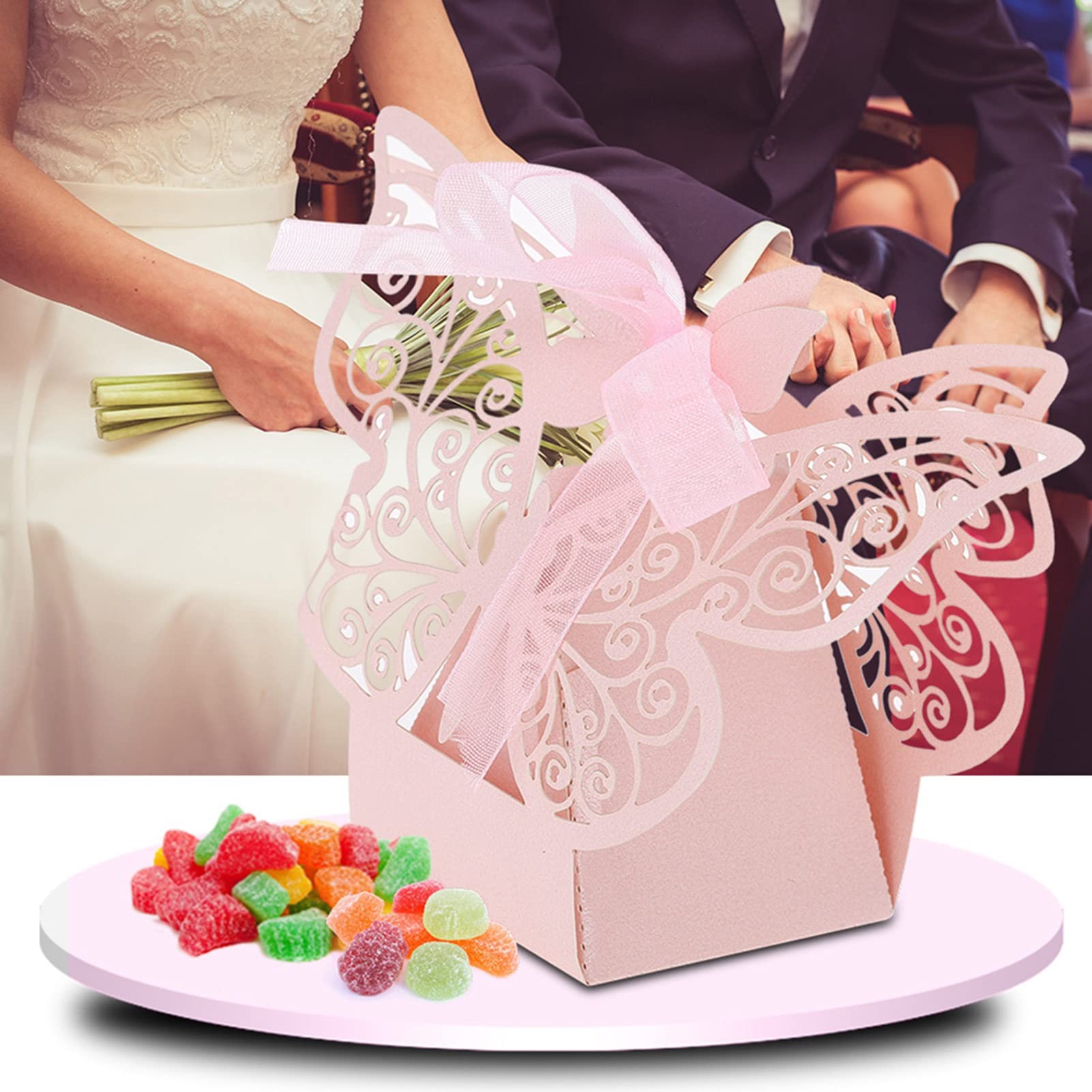 Wedding Sugar Box, Wedding Accessories Rustic Folding Candy Sugar Chocolate Bakery Cookie Paper Boxes with Ribbon Decoration for Birthday Bridal Shower