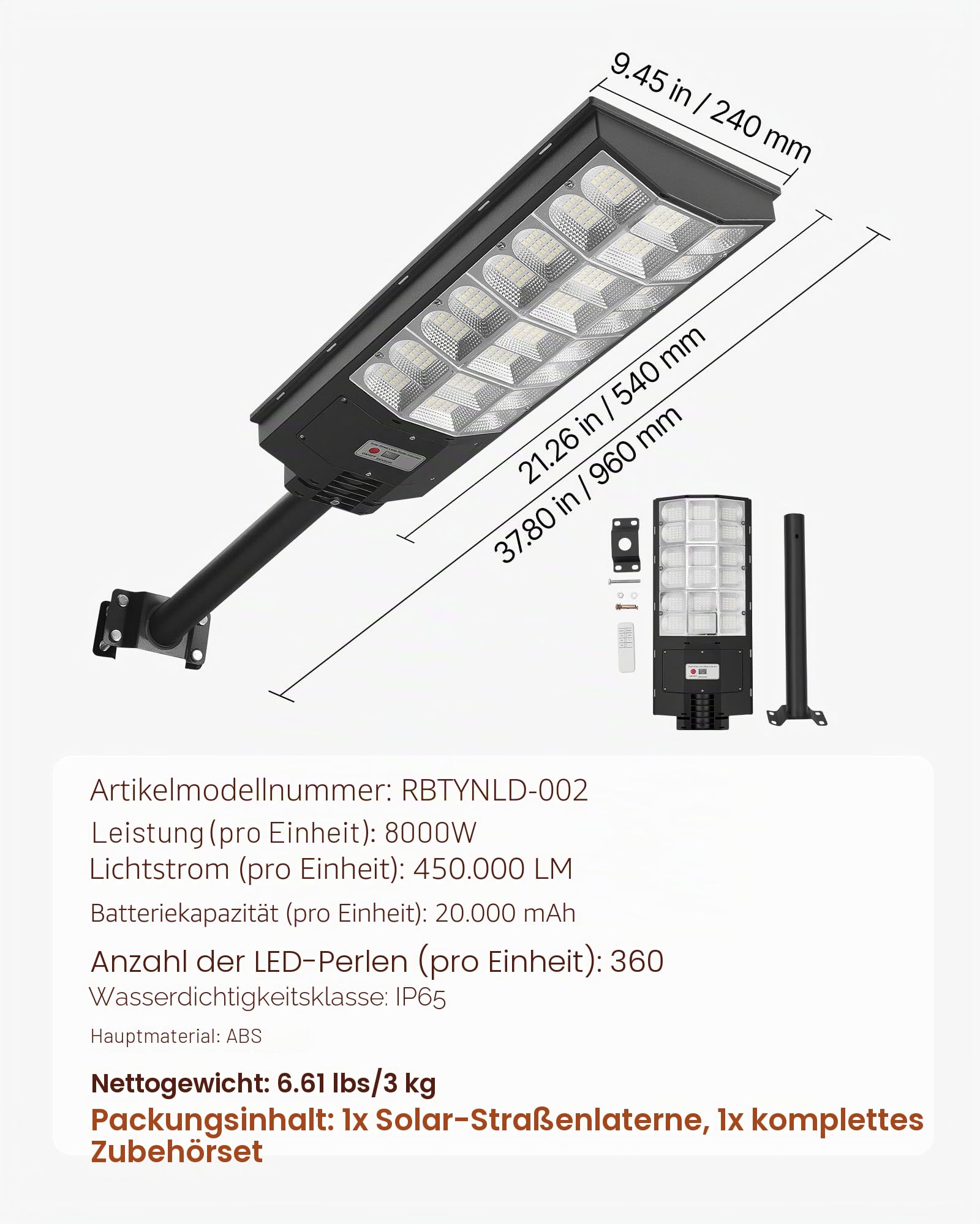 VEVOR Solar Straßenlaterne 450000LM, Straßenlampe 8000 W, Solarleuchte mit Dämmerungssensor, LED-Flutlicht mit Bewegungsmelder, IP65 wasserdichte Außenbeleuchtung, für Einfahrt & Hof, 1 Stück