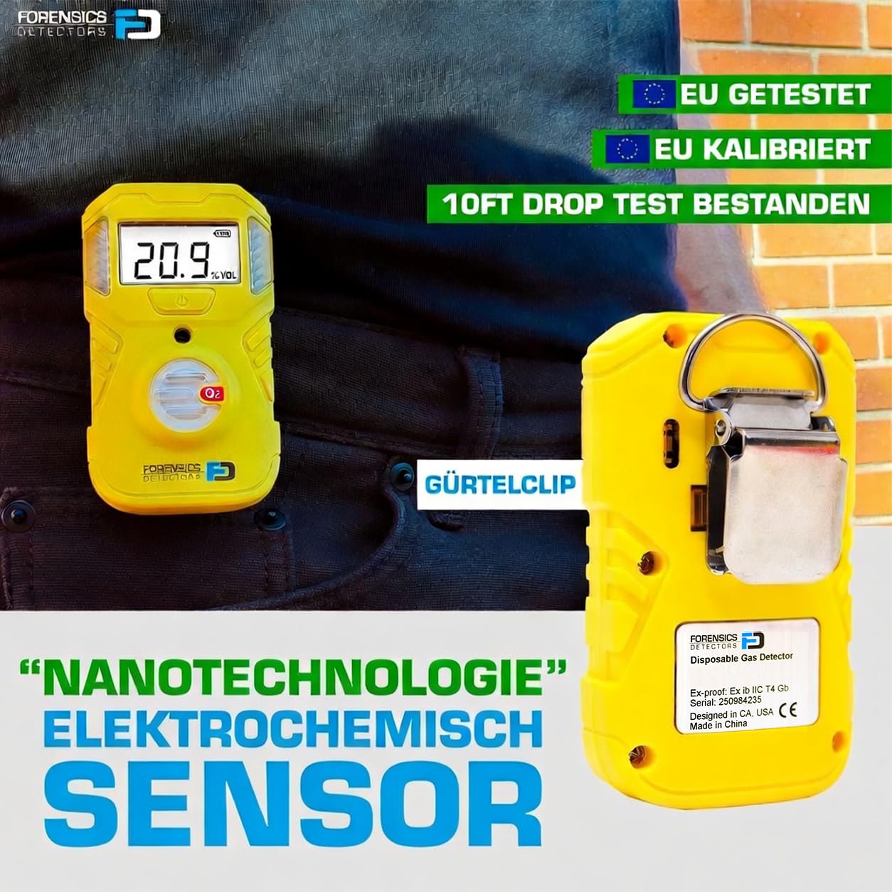 Sauerstoffdetektor (O2) | EU-Kalibrierzertifikat | Batterielaufzeit 2 Jahre | Sturztest aus 10 Fuß Bestanden | Schutzart IP67