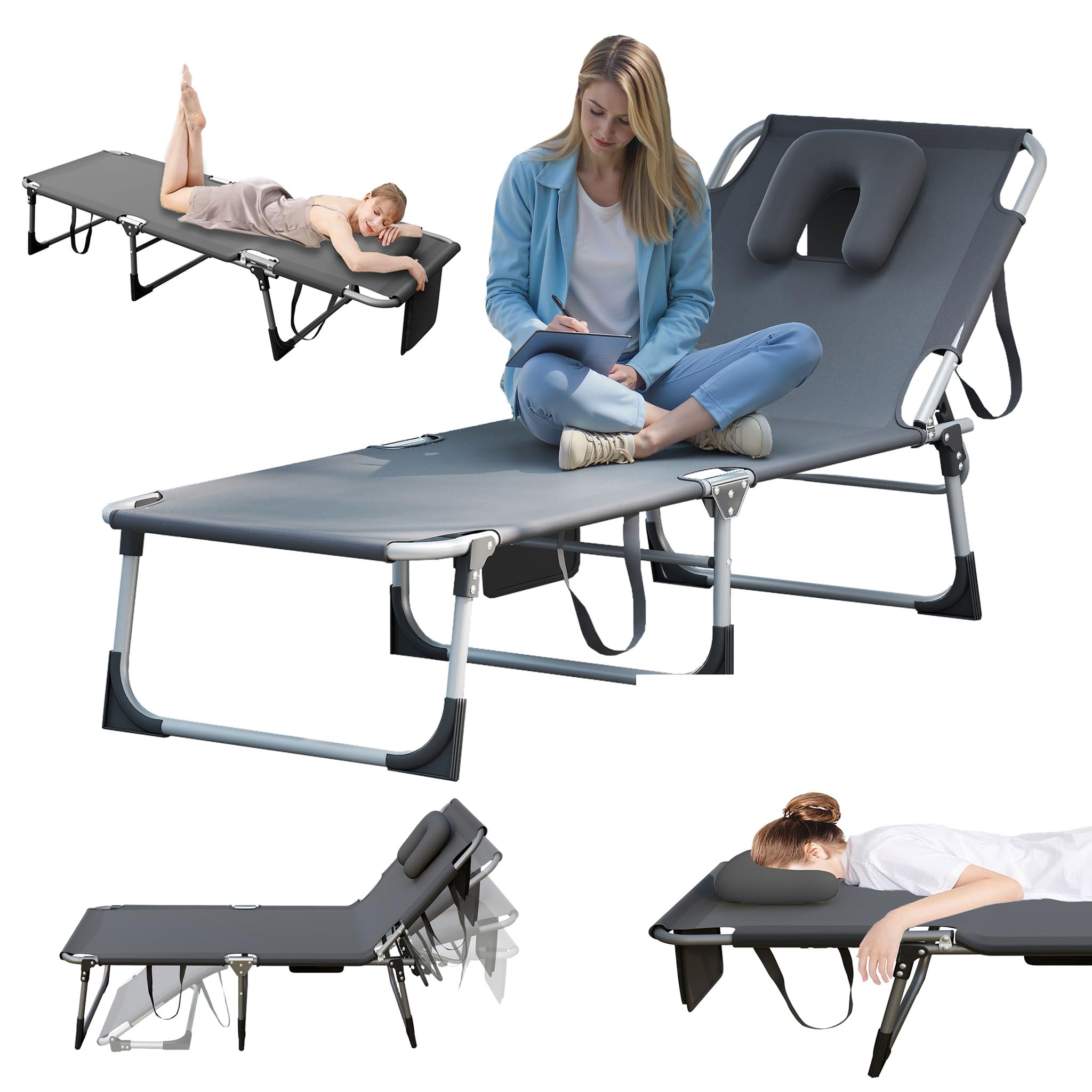 UISEBRT Faltbarer Sonnenliege 190cm – 4-Fach verstellbar Gartenliege mit Gesichtsausschnitt & abnehmbarem Kopfkissen,Liegestuhl belastbar bis 160kg mit Seitentasche für Pool Camping Terrasse
