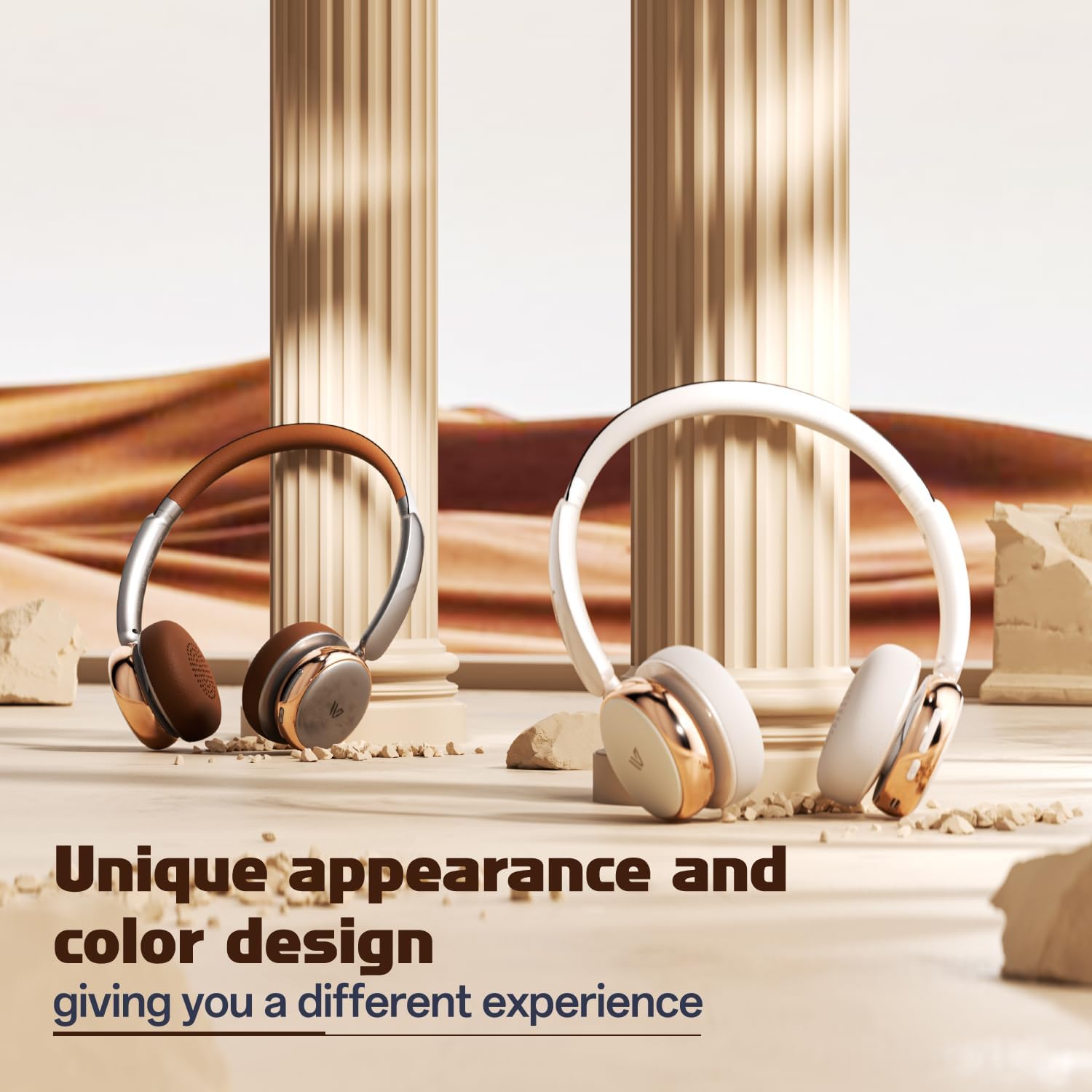 Two pairs of Weofly Nova headphones, one in brown and one in white, showcasing their unique appearance.