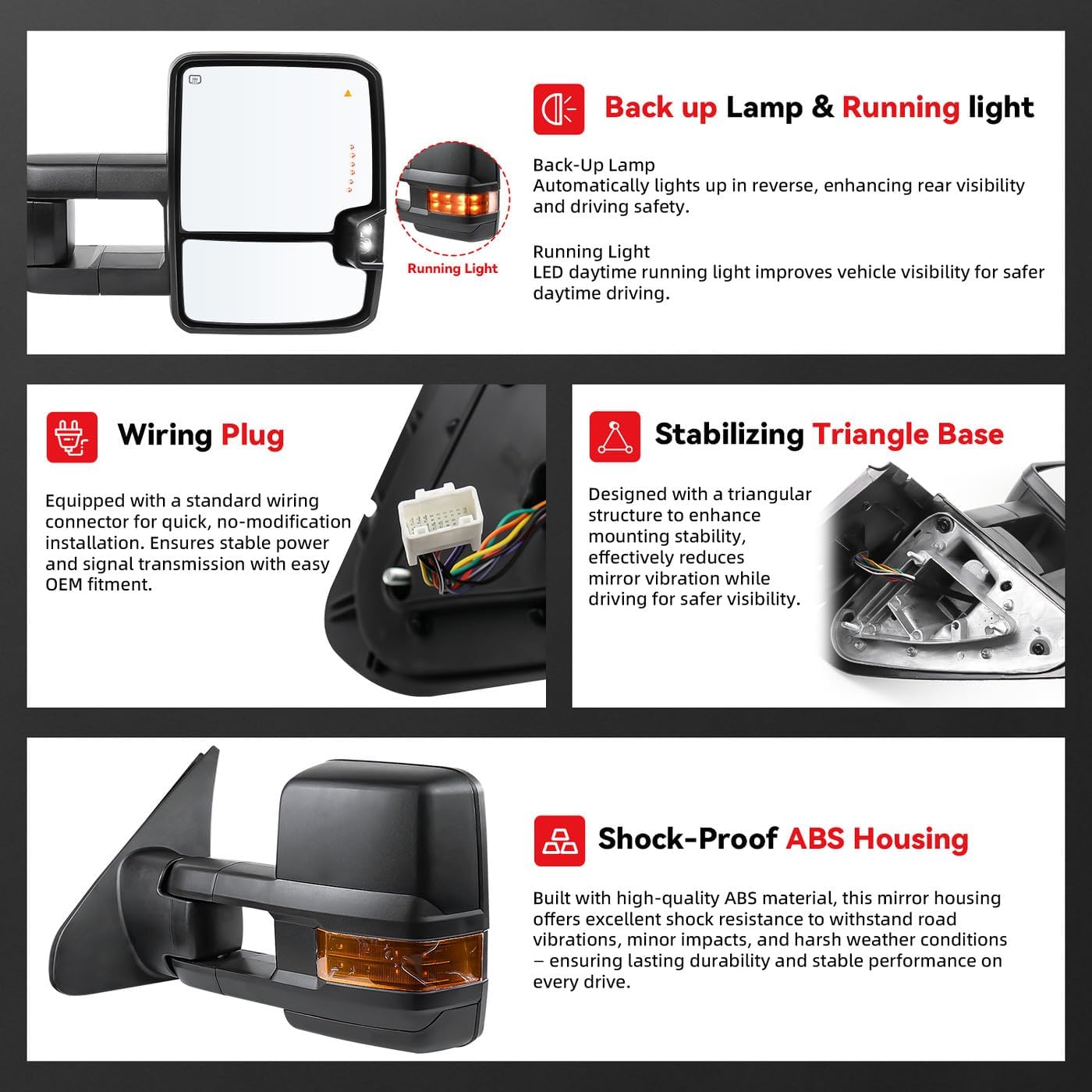 Drive & Paasenger Towing Mirrors - Compatible with Toyota 2007-2021 Tundra 2008-2017 Sequoia - Power Adjustable Heated Turn Signal Running Light Side View Mirrors - Black Texture