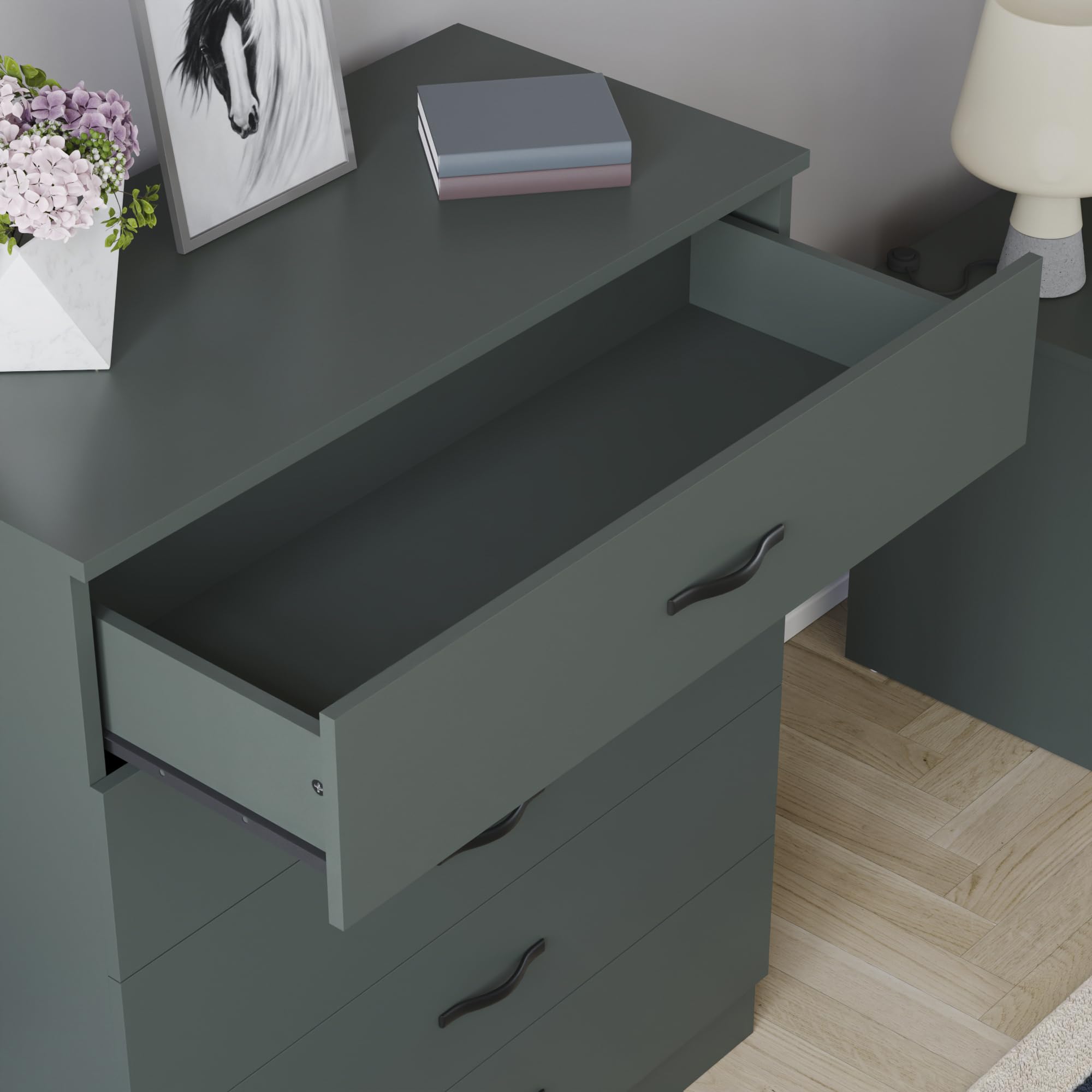 Vida Designs Cassettiera Jasper verde, 5 cassetti con maniglie e guide in metallo, unico supporto anti-piegatura, mobili per camera da letto Riano