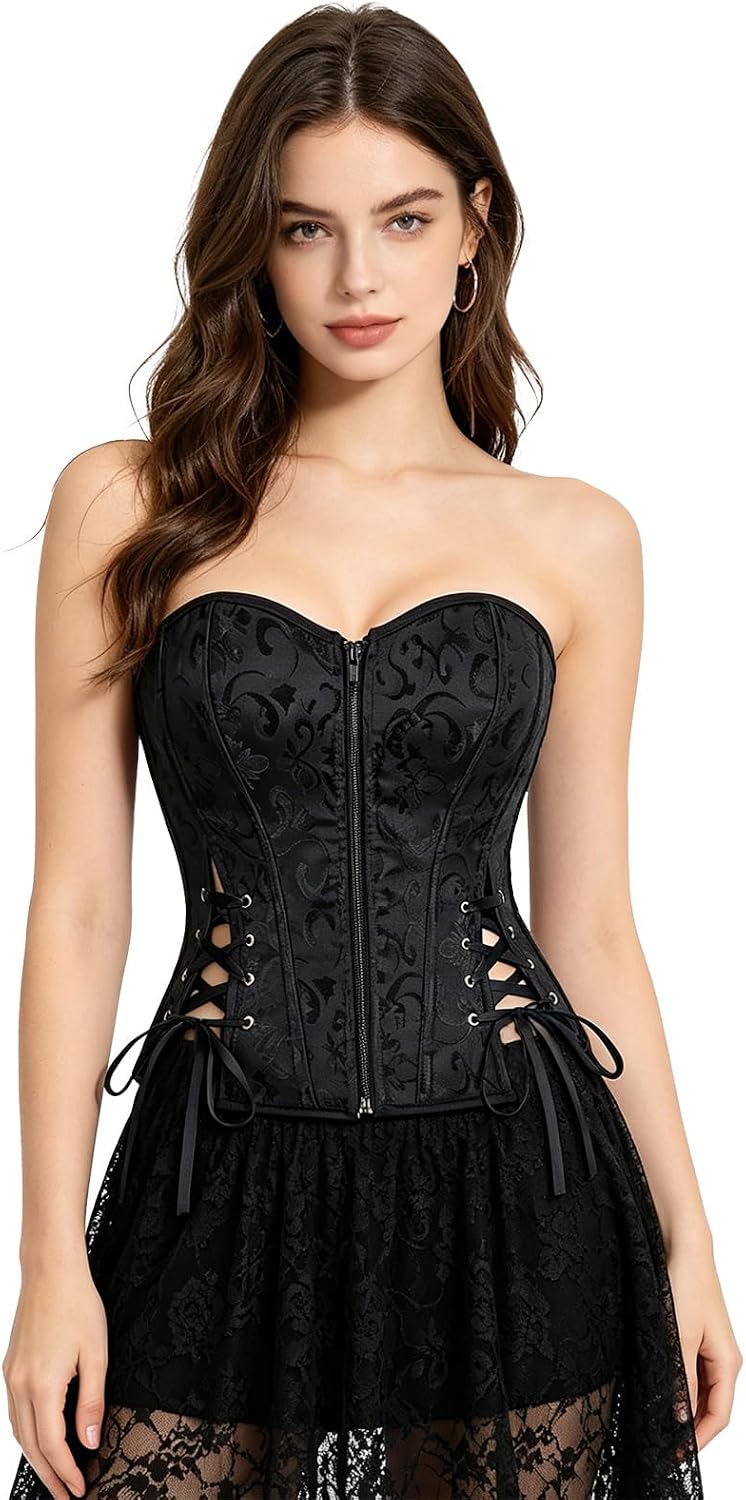 Kimring Women's Victorian Gothic Overbust Lace Up Jacquard Bustier Corset Top