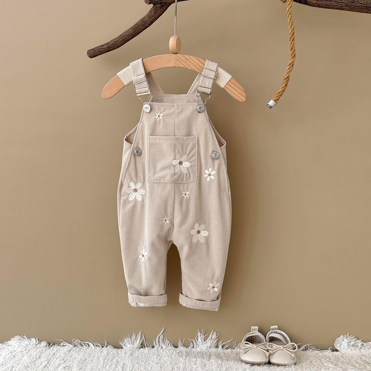 Baby Girl Overalls Corduroy with Floral Embroidery,Beige Toddler Jumpsuit Romper,Soft Overall for Girls (6 Months-3T)