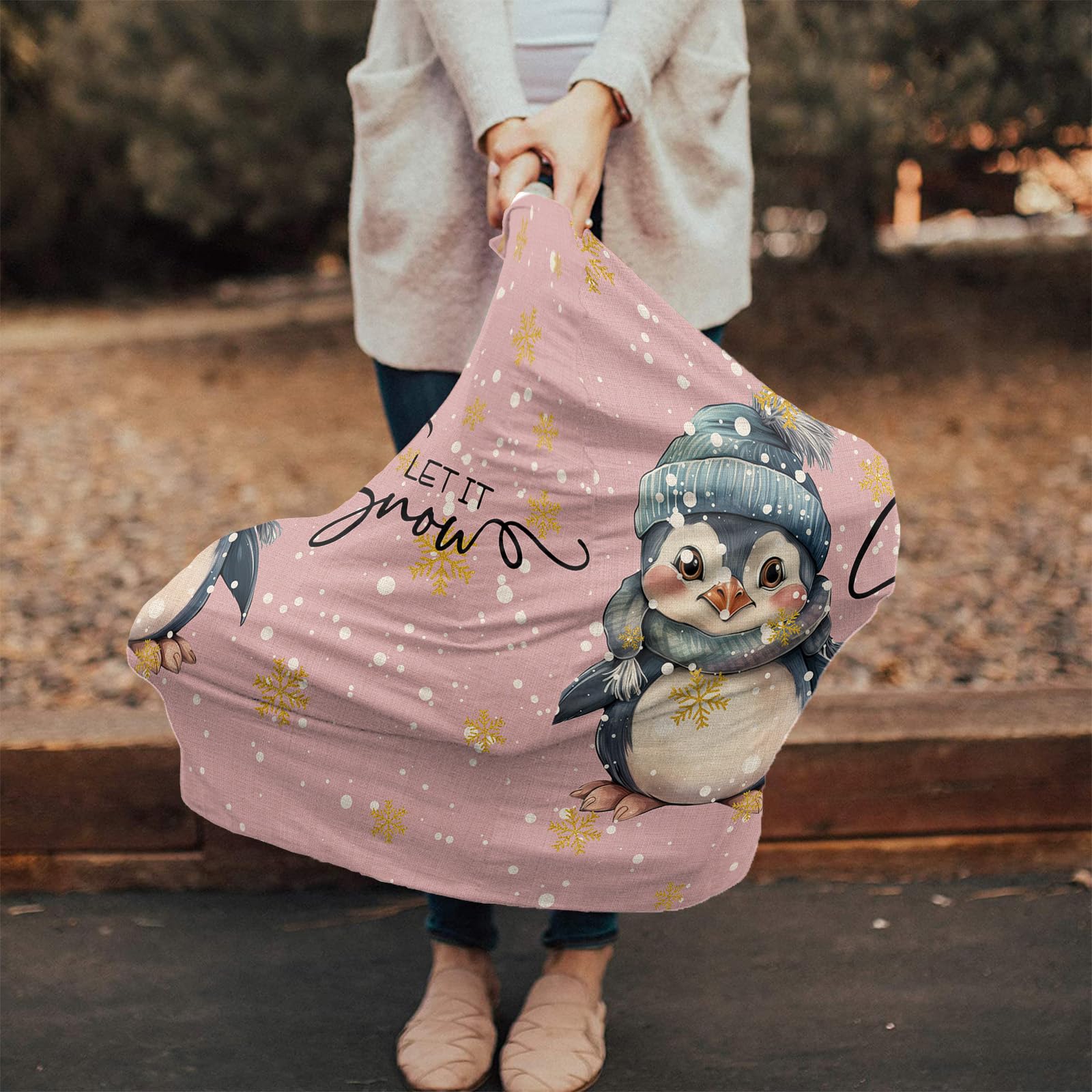 Nursing Cover for Breastfeeding Scarf, Christmas Pink Gold Snow Baby Car Covers Super Soft Multi Use for Canopy Shopping Cart Cover Blanket Stroller Cover
