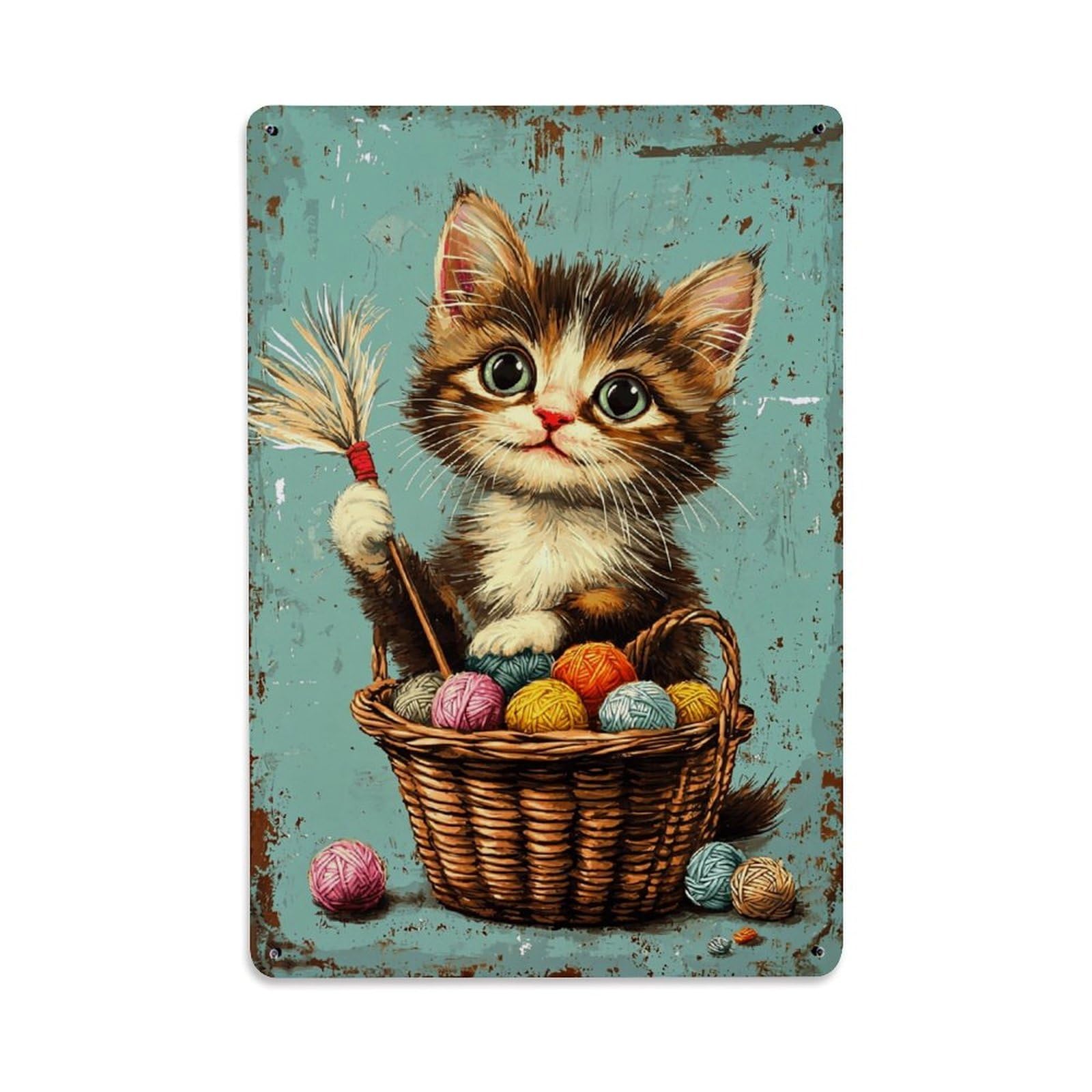 Jdfenggu Vintage Kitten In Yarn Basket Print Retro Metal Tin Sign, Metal Poster For Bar, Home, Man Cave, Kitchen, Laundry Room Art Decor 8X12 Inch