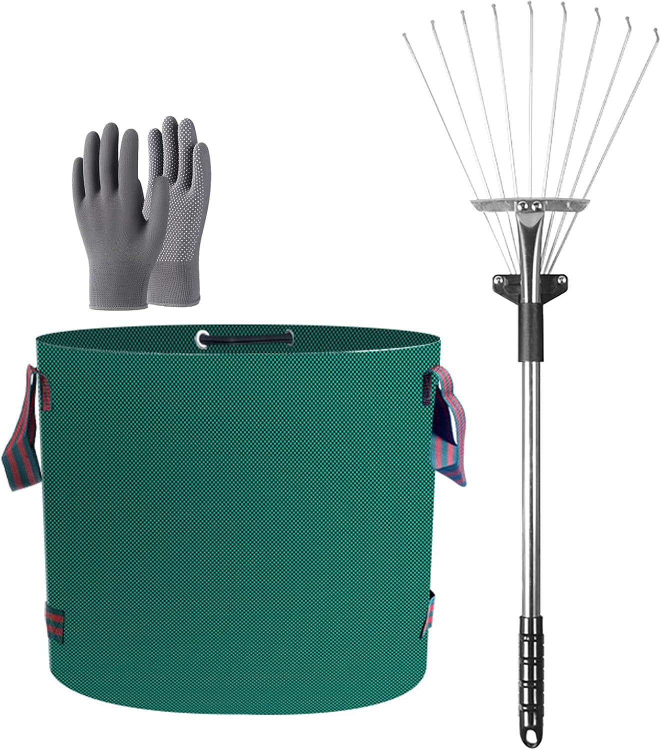 Reusable Yard Waste Bag, Heavy Duty Yard Waste Bag with 4 Reinforced Handles, Garden Waste Bags with Adjustable Leaf Rake and Garden Gloves for Garden Leaves and Waste Collection 60L