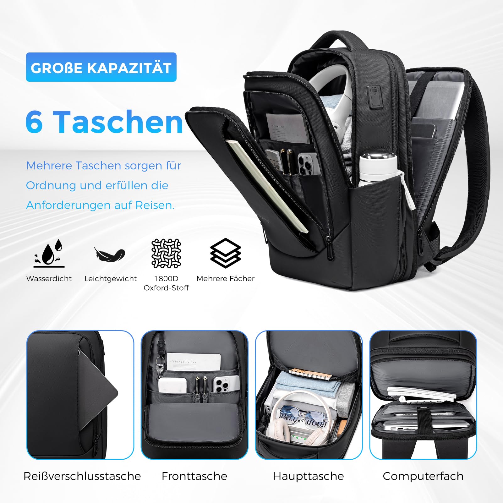 FENRUIEN Erweiterbarer Laptop Rucksack 15.6 Zoll 19L-27L 1800D Business Reise Backpack Laptop Tasche für Herren Damen Mädchen Teenager mit Laptopfach & USB-Ladeanschluss (Schwarz)