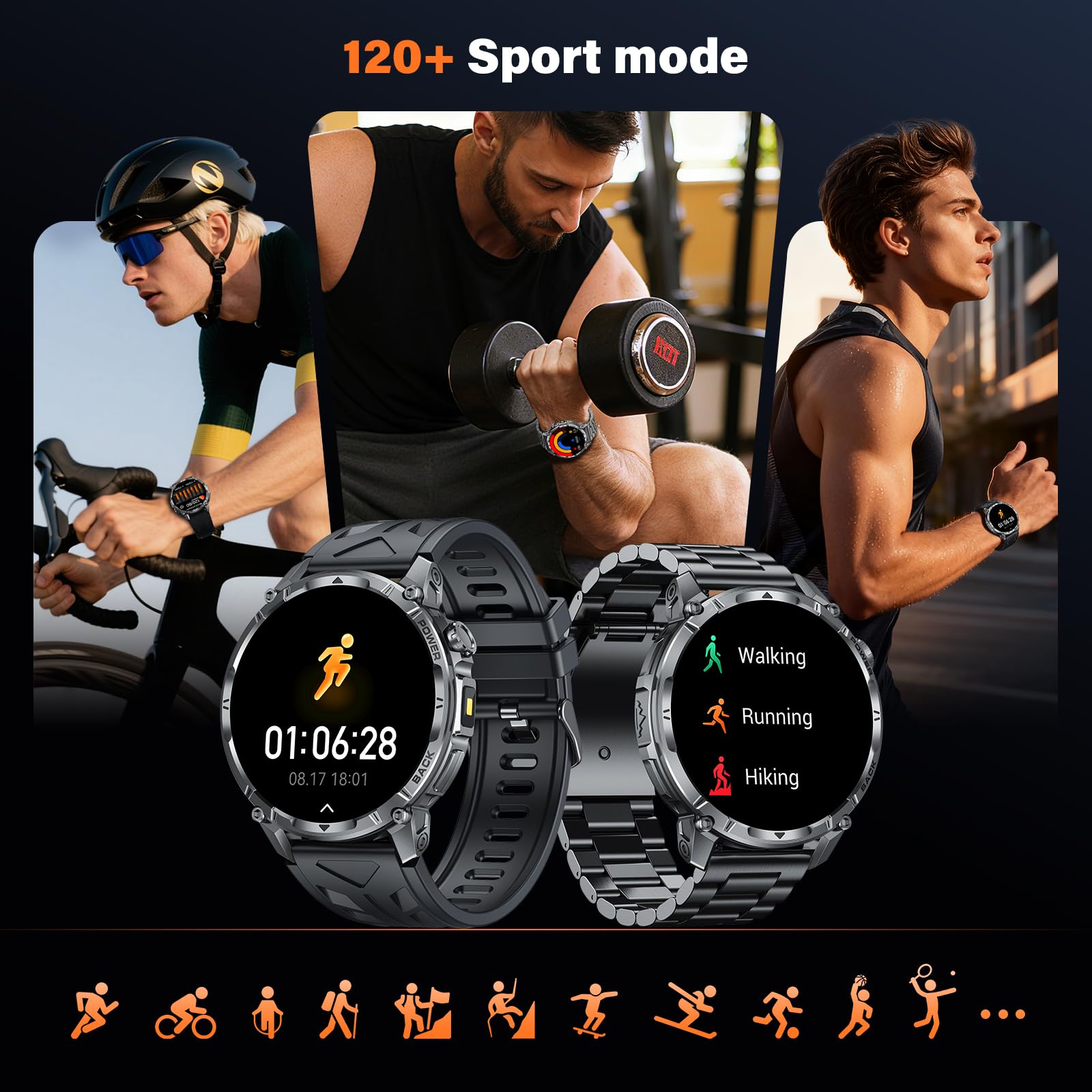 Reloj Inteligente Hombre Militar con Batería 1000 mAh y Linterna LED, 1.7” Smartwatch Hombre con Llamadas Bluetooth Pulsómetro SpO2 Monitor de Sueño 110+ Modos Deportivos Android iOS (Acero Negro)