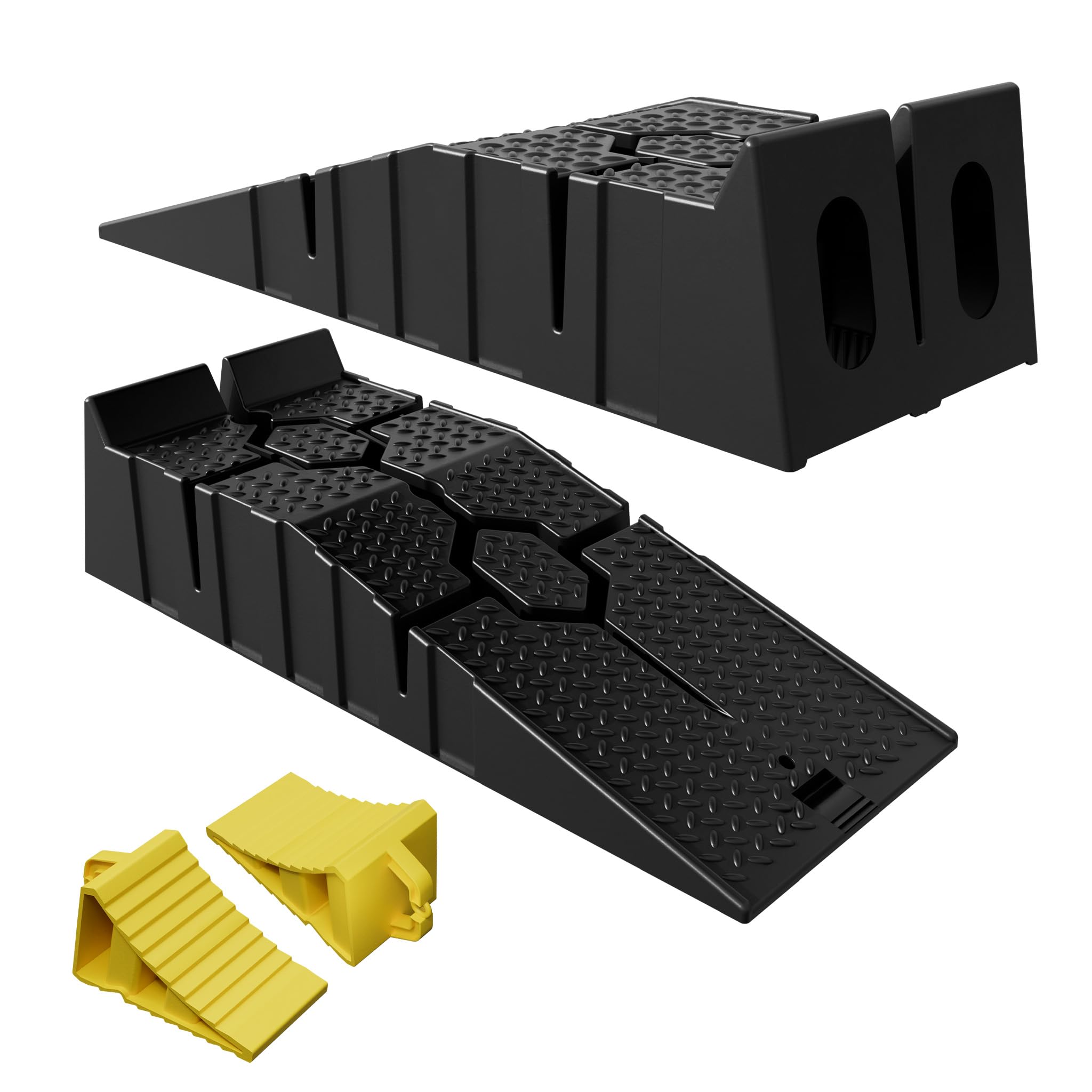 LZQ Lot de 2 rampes en plastique pour voitures, rampes de chargement à charge lourde + Lot de 2 cale-roues, cales de frein pour voitures, camping-cars, remorques, jaune