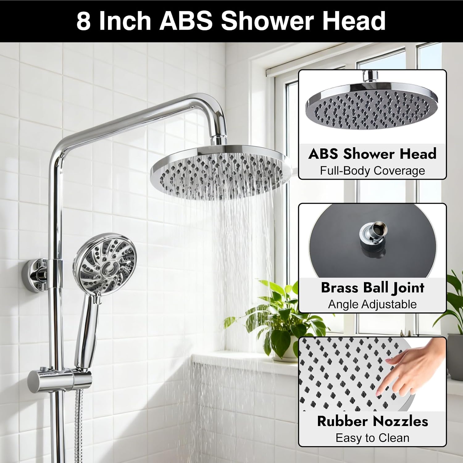 Midanya Retrofit Rain Shower System Wall Mount 8 Inch Rainfall Shower Head with 5-setting Handheld Spray Combo with Slide Bar,Polish Chrome