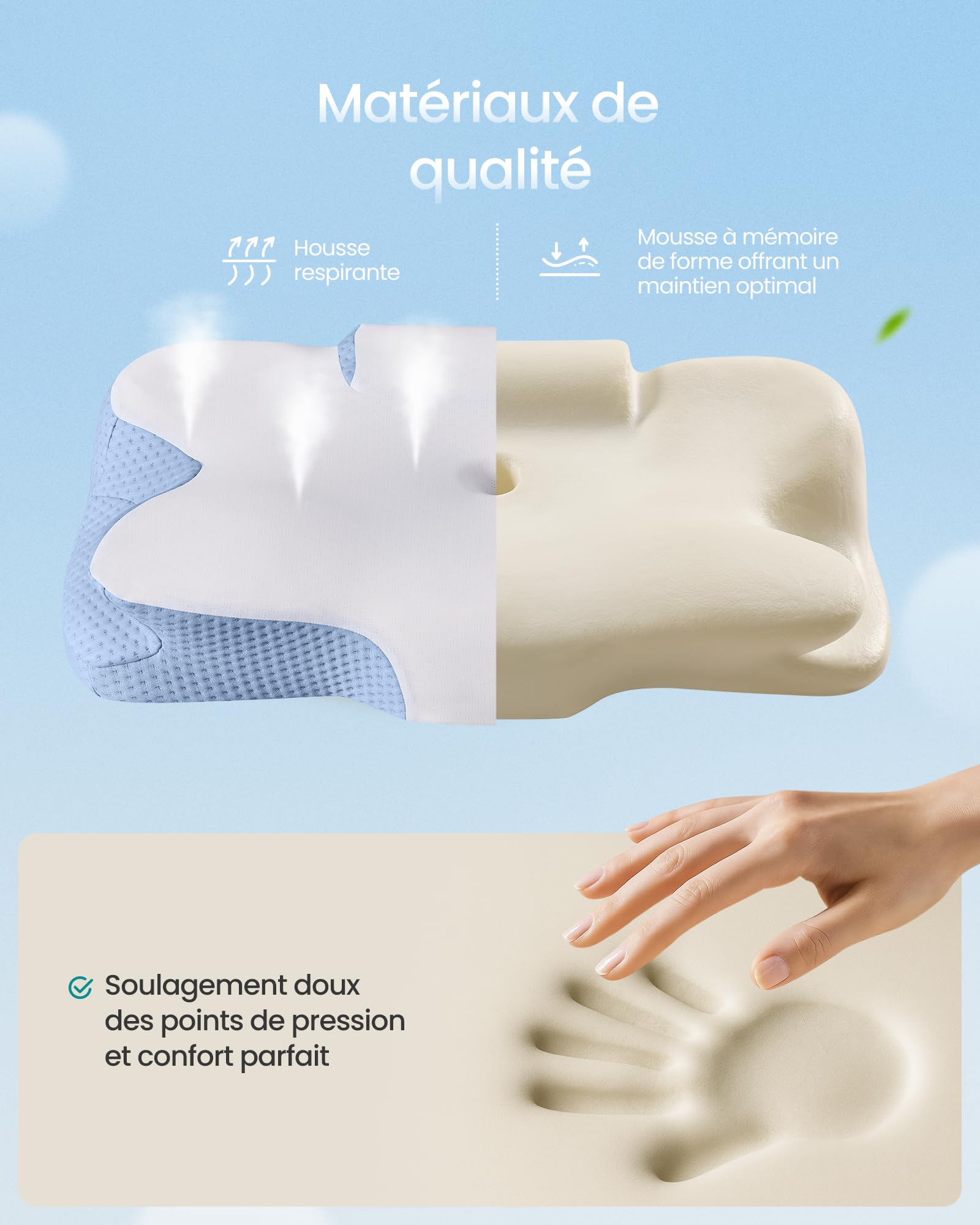SONGMICS Oreiller Ergonomique, Hauteur Ajustable, Coussin en Mousse à Mémoire de Forme, pour Dormeurs sur Le Côté, Le Dos et Le Ventre, Toucher Frais, Blanc Nuage et Bleu TBP051Q101