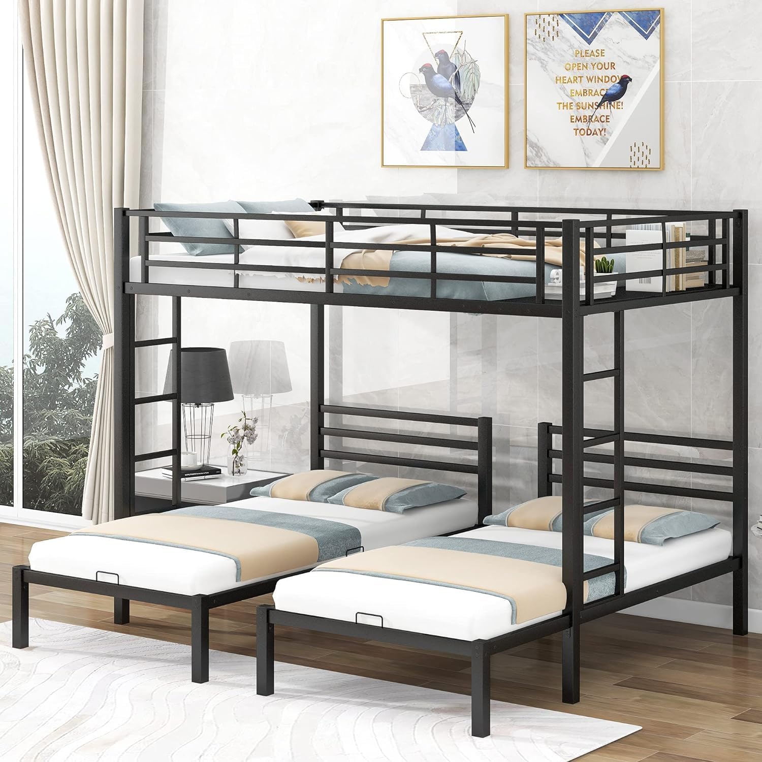 EMKKTriple Bunk Bed Twin Over Twin Over Twin, 3 Bunk Bed with Side Ladder, Twin Size Triple Bunk Bed for Kids, Teens, Triple Bunk Bed Twin Over Twin Over Twin,Textilene Guardrail